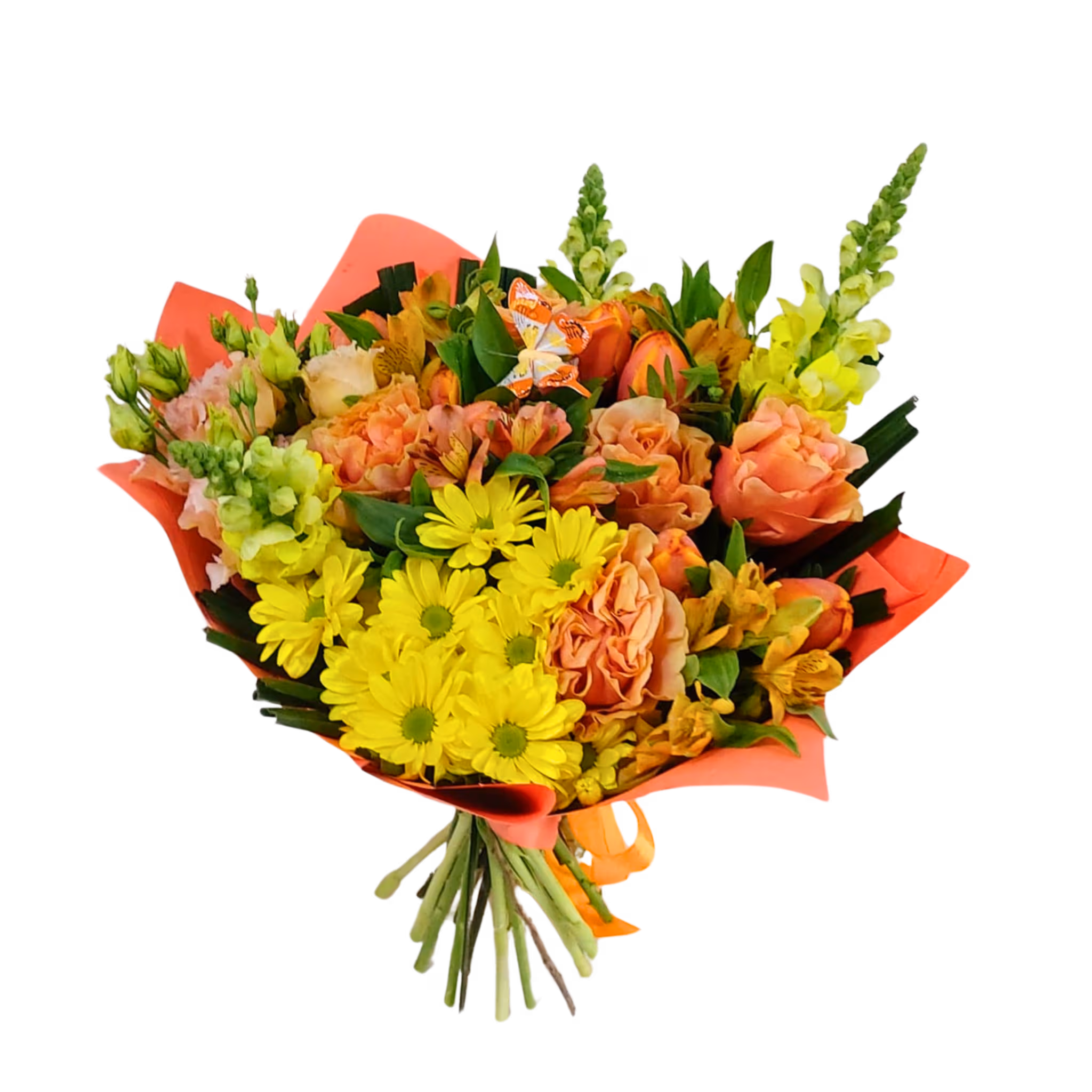 Buchet de flori în tonuri de portocaliu, cu trandafiri și alstroemeria – Floraria Mariei