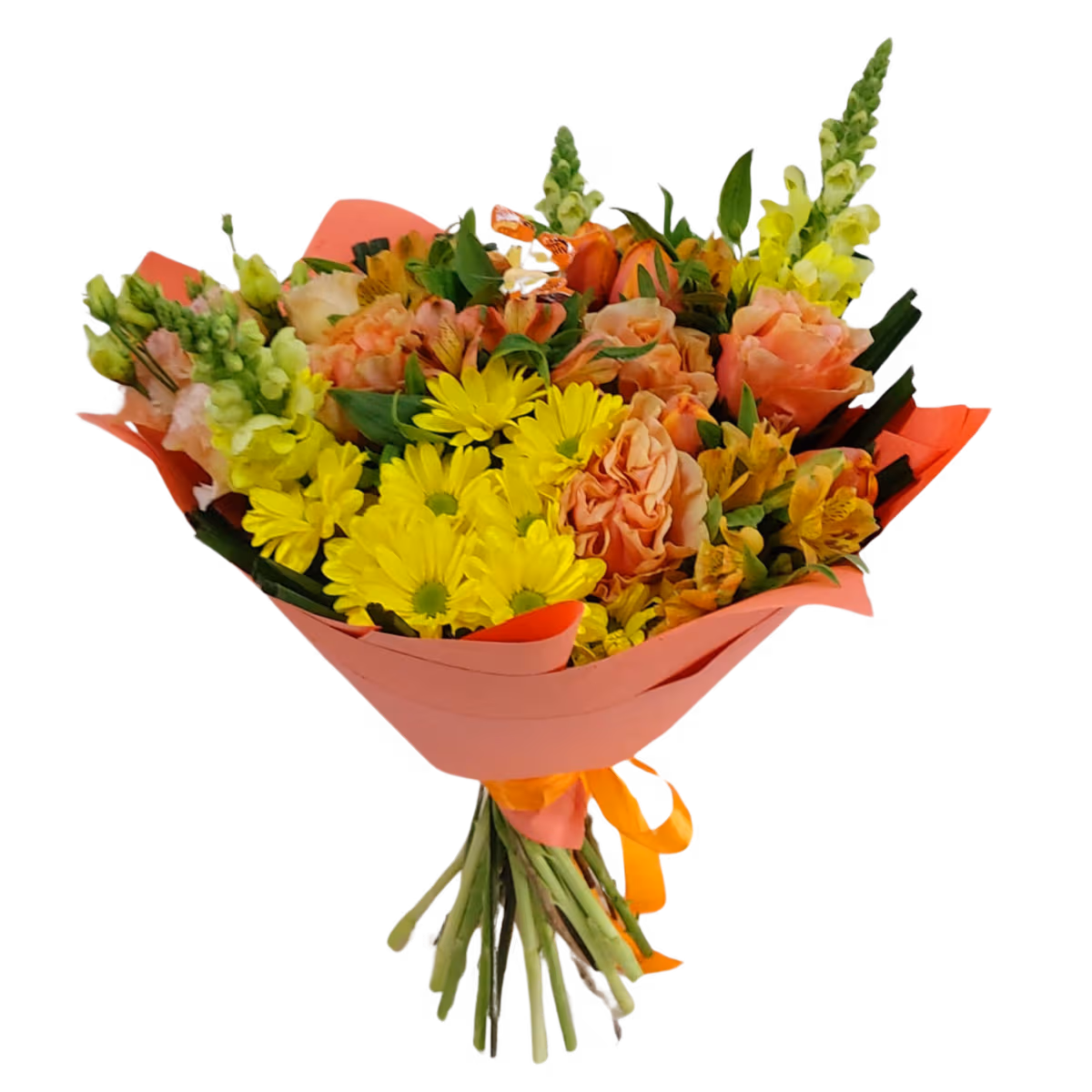 Buchet de flori în tonuri de portocaliu, cu trandafiri și alstroemeria – Floraria Mariei - imagine 3