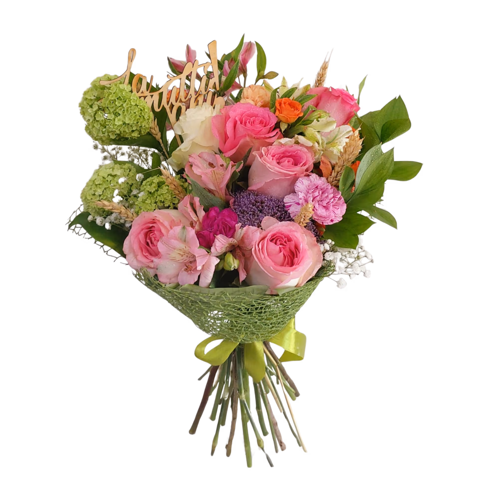 Buchet de flori verde și roz cu trandafiri, alstroemeria și viburnum, ambalaj plasă