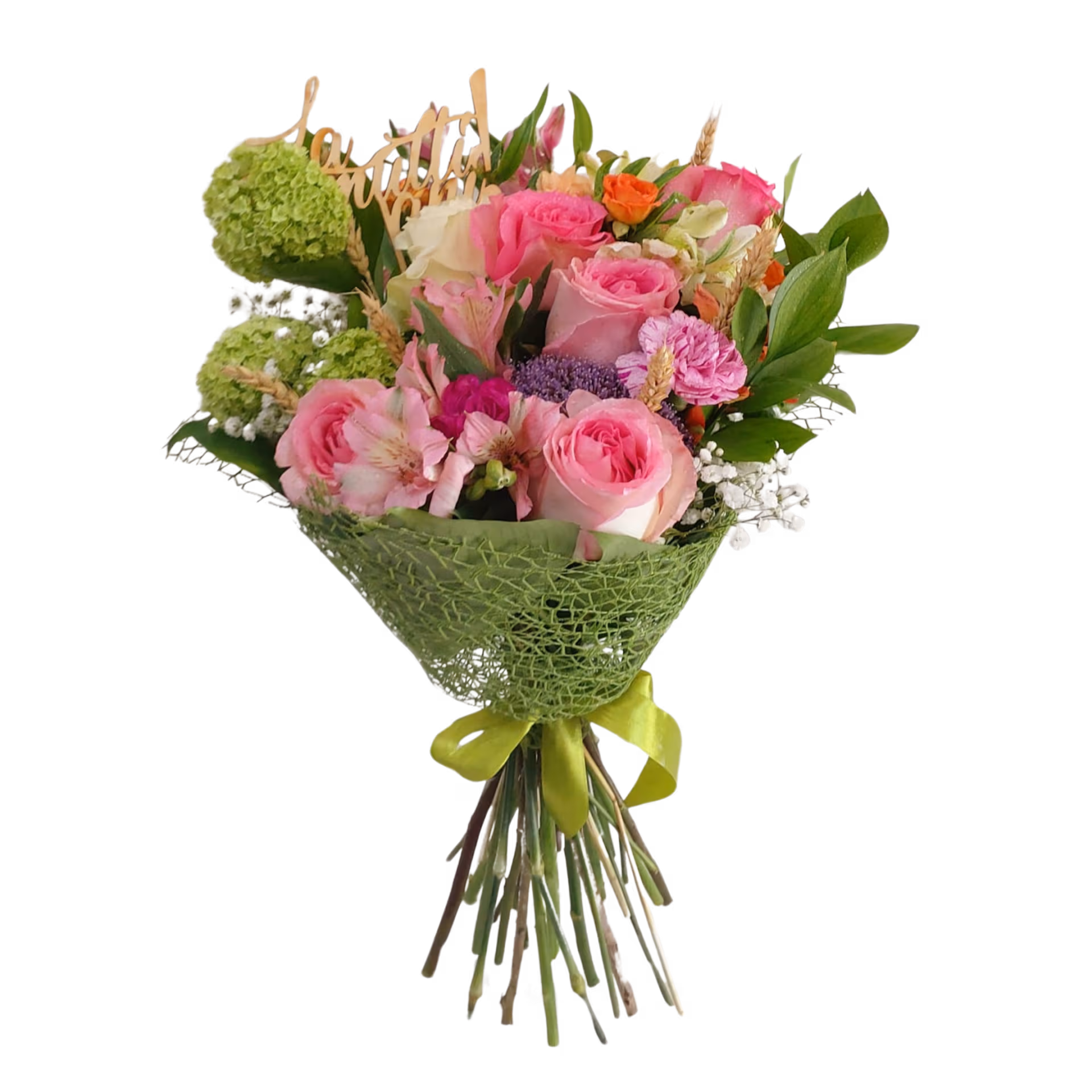 Buchet de flori verde și roz cu trandafiri, alstroemeria și viburnum, ambalaj plasă - imagine 2