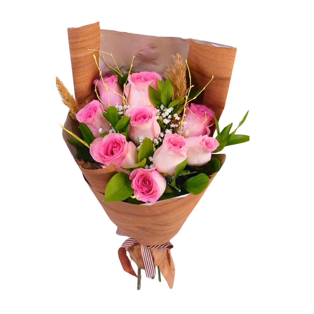 Buchet cu 9 trandafiri roz, gipsophila și ambalaj din hârtie kraft