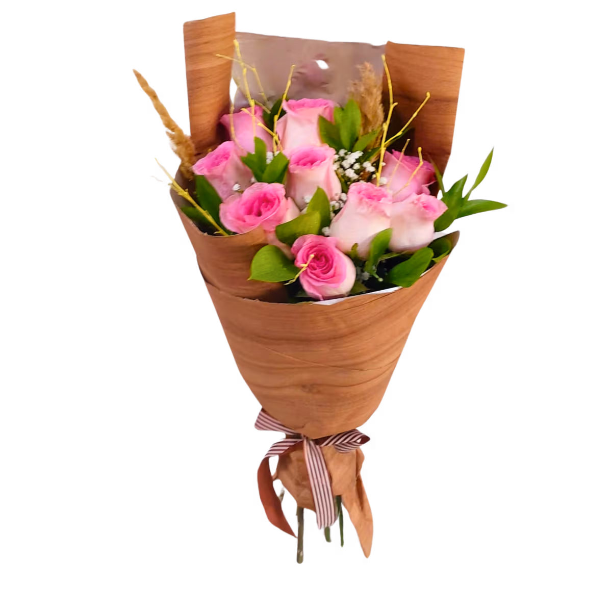 Buchet cu 9 trandafiri roz, gipsophila și ambalaj din hârtie kraft - imagine 2