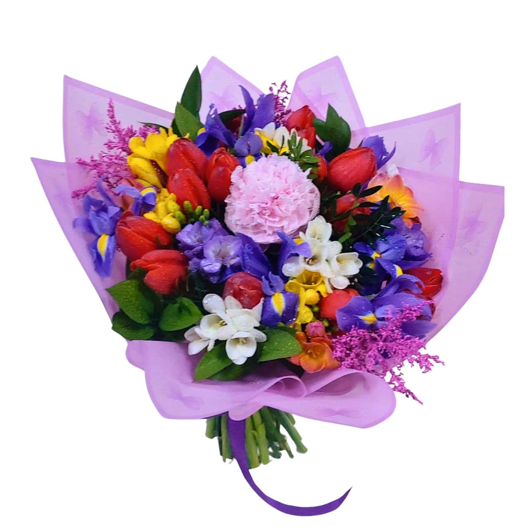 Buchet de primăvară mov – lalele, iris, frezii și bujor | Florăria Mariei