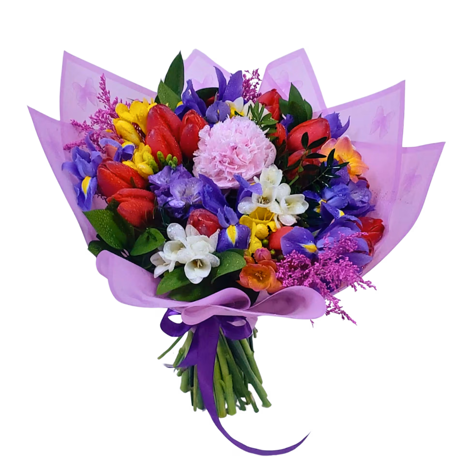 Buchet de primăvară mov – lalele, iris, frezii și bujor | Florăria Mariei - imagine 2