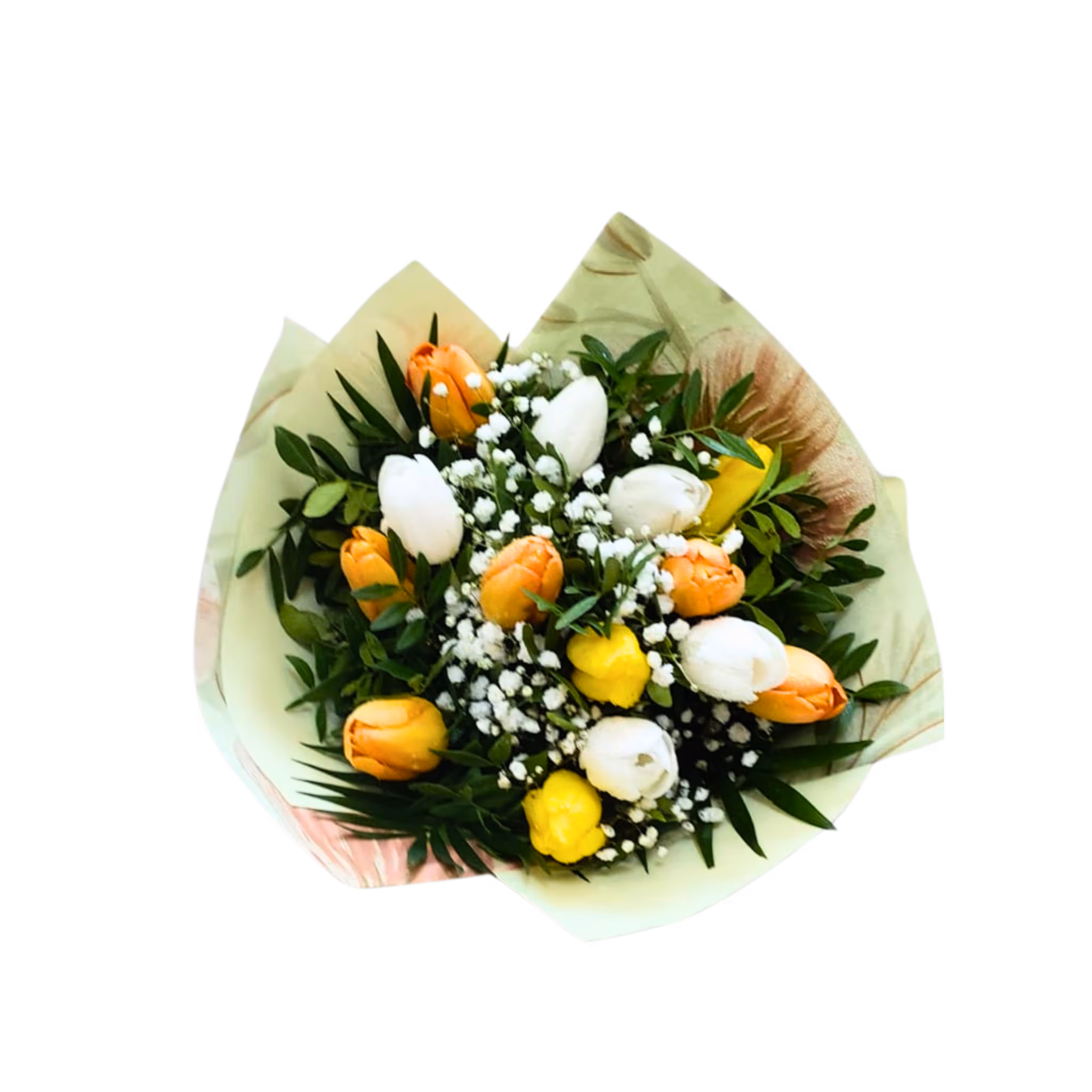 Buchet 15 lalele colorate (alb, galben, portocaliu) – Floraria Mariei
