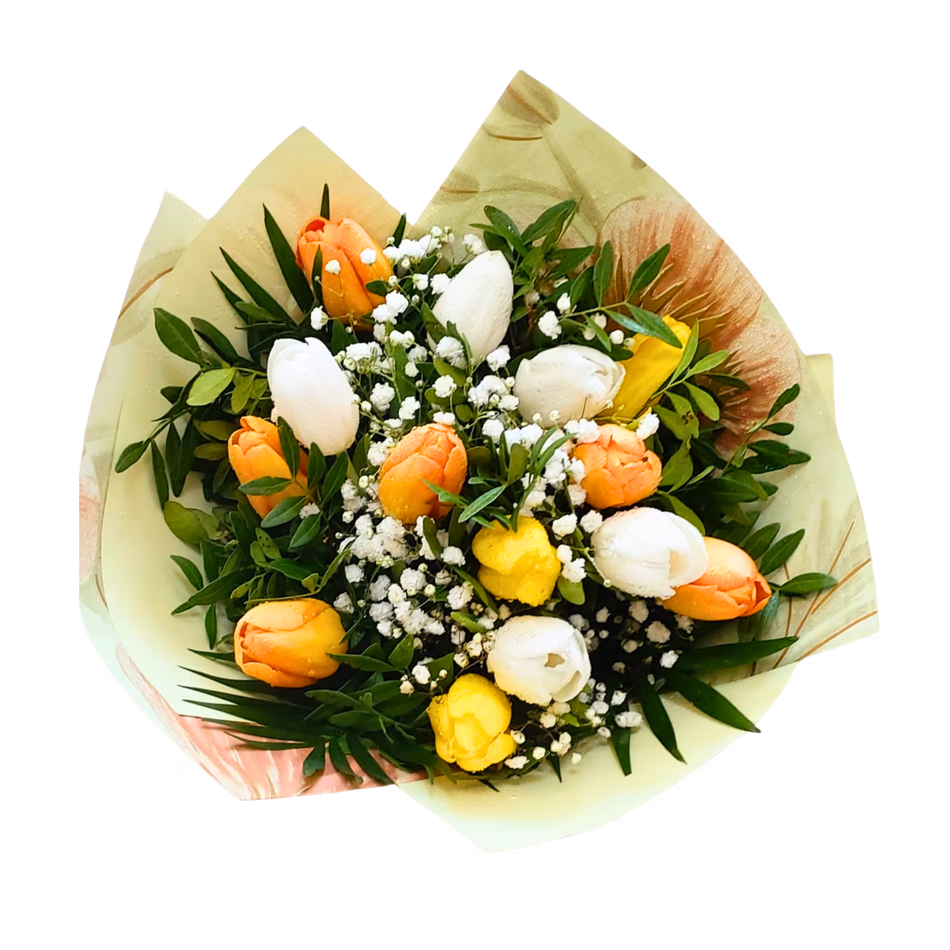 Buchet 15 lalele colorate (alb, galben, portocaliu) – Floraria Mariei - imagine 2