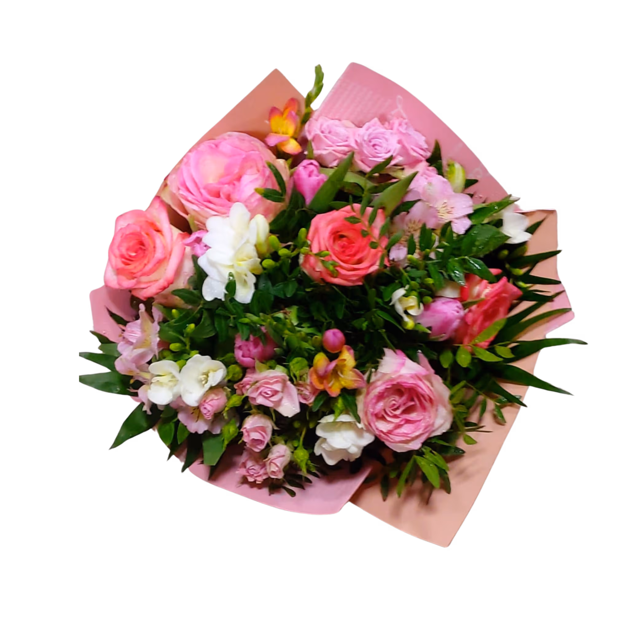 Buchet de flori roz cu trandafiri, minirose, lalele și ambalaj roz