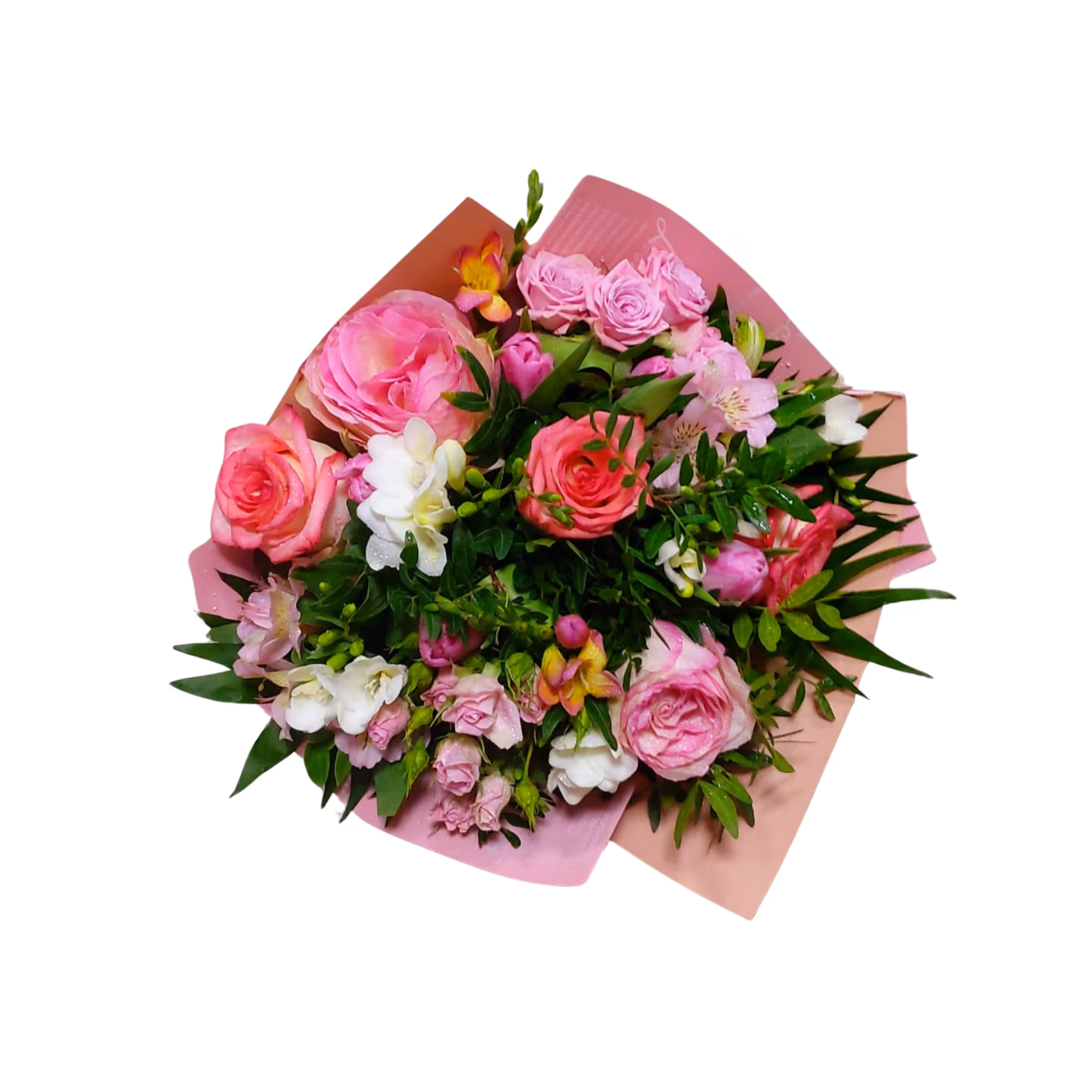 Buchet de flori roz cu trandafiri, minirose, lalele și ambalaj roz - imagine 2