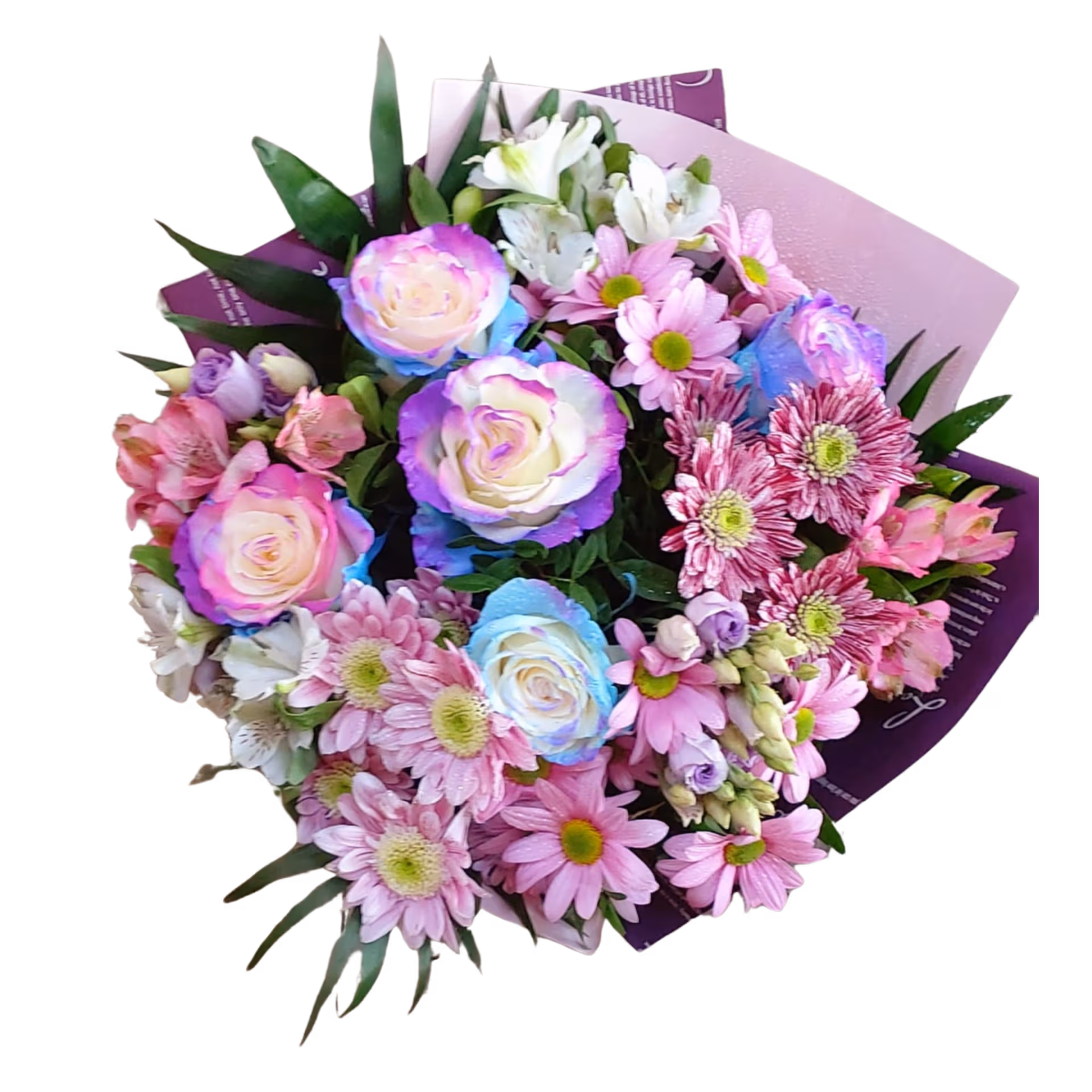 Buchet în tonuri de mov cu trandafiri, alstroemeria, crizanteme și lisianthus - imagine 1