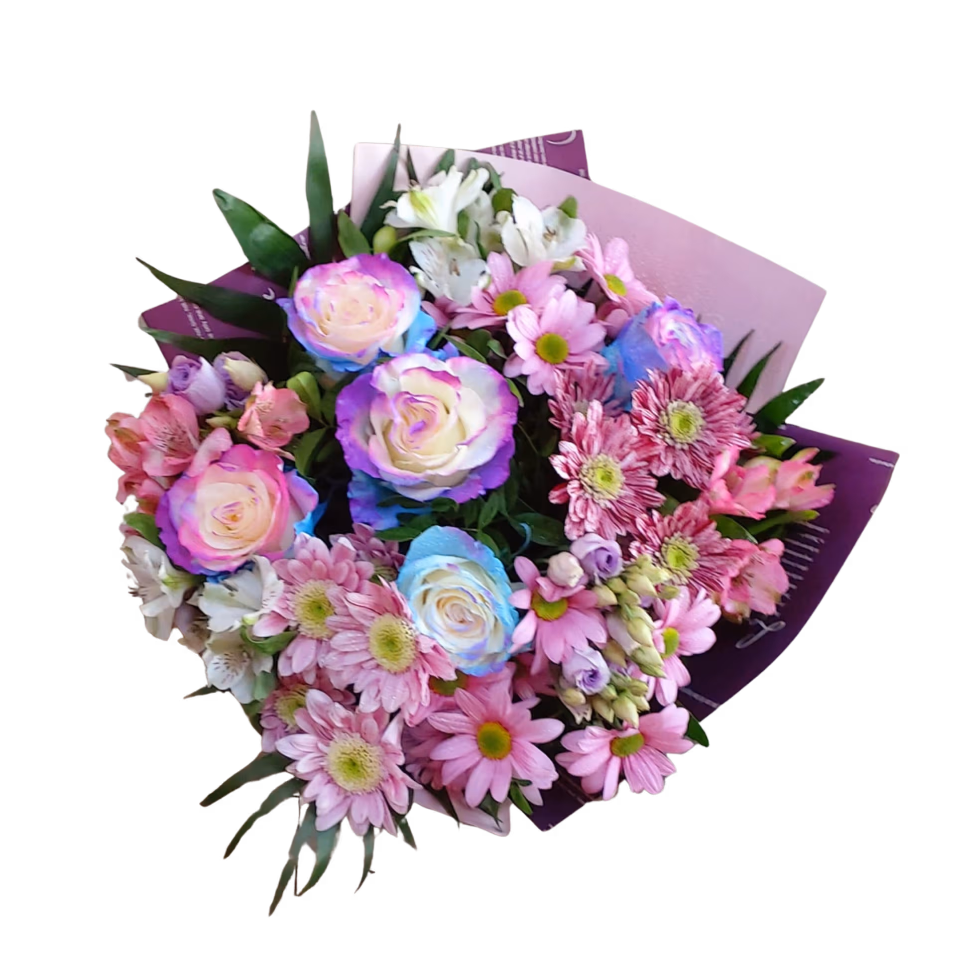 Buchet în tonuri de mov cu trandafiri, alstroemeria, crizanteme și lisianthus - imagine 2