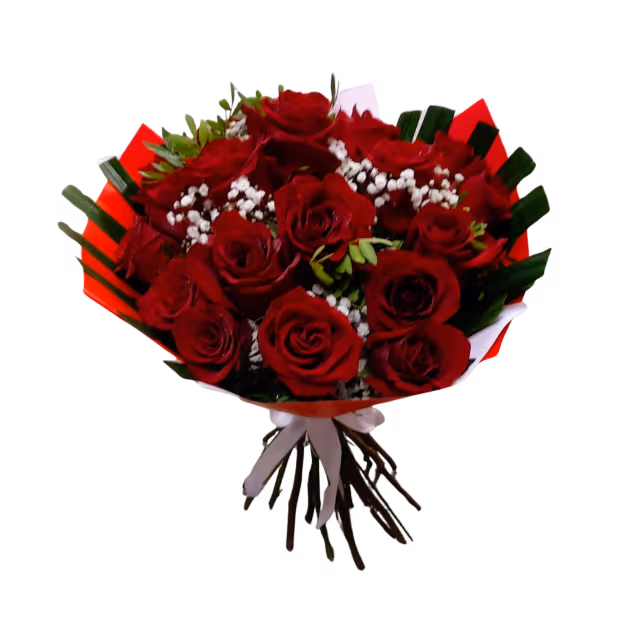 Buchet 21 trandafiri roșii cu gipsophila și verdeață – Floraria Mariei - imagine 2