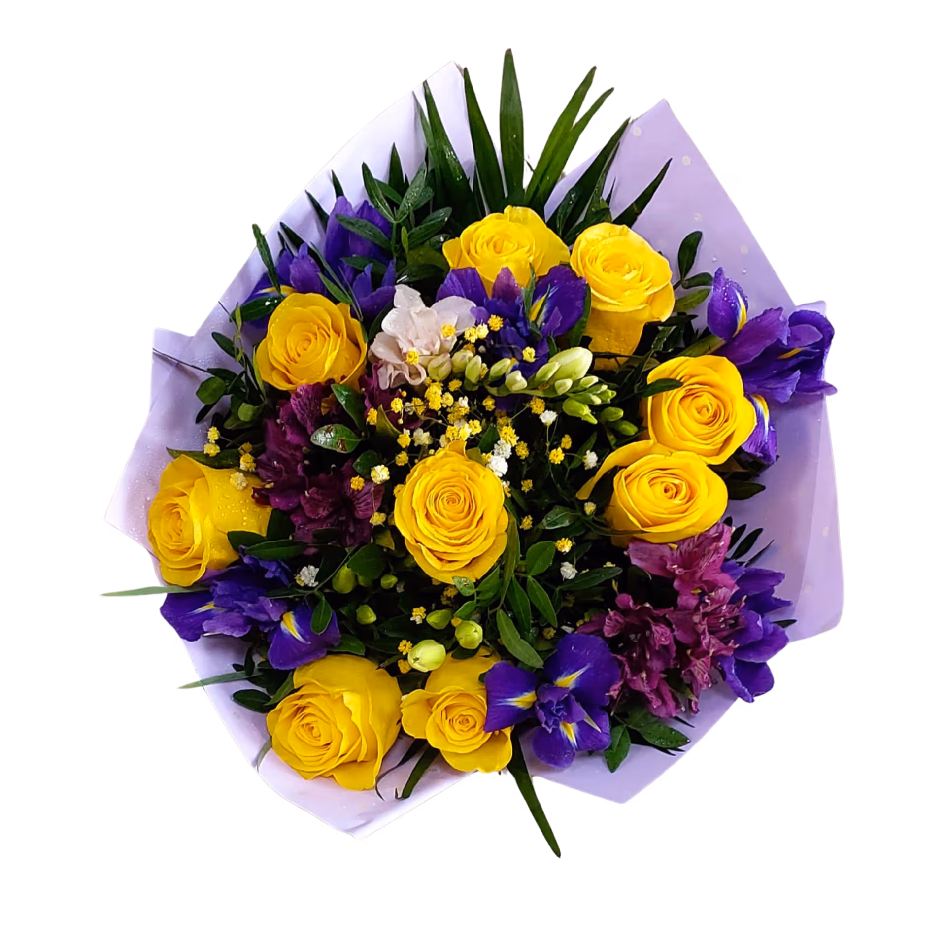 Buchet cu albastru și galben cu trandafiri galbeni, iris și frezii – Florăria Mariei - imagine 1