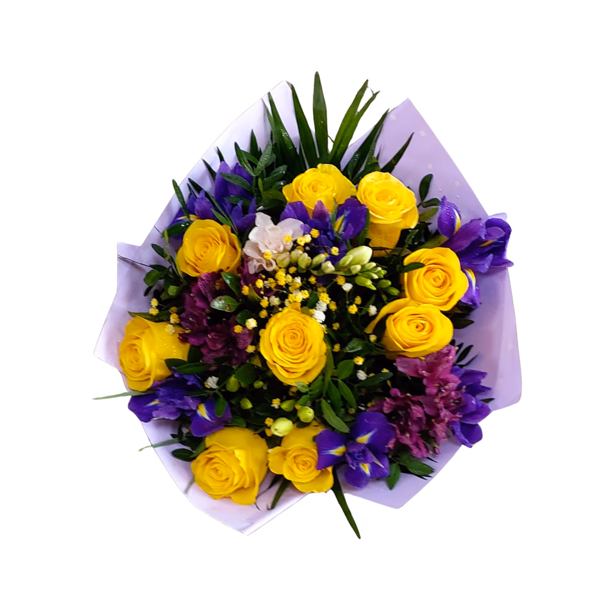 Buchet cu albastru și galben cu trandafiri galbeni, iris și frezii – Florăria Mariei - imagine 2