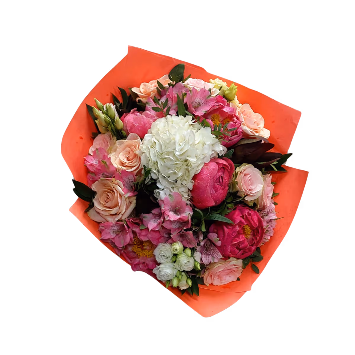 Buchet cu flori de vară în tonuri de roz – hortensie, bujori și trandafiri - imagine 2