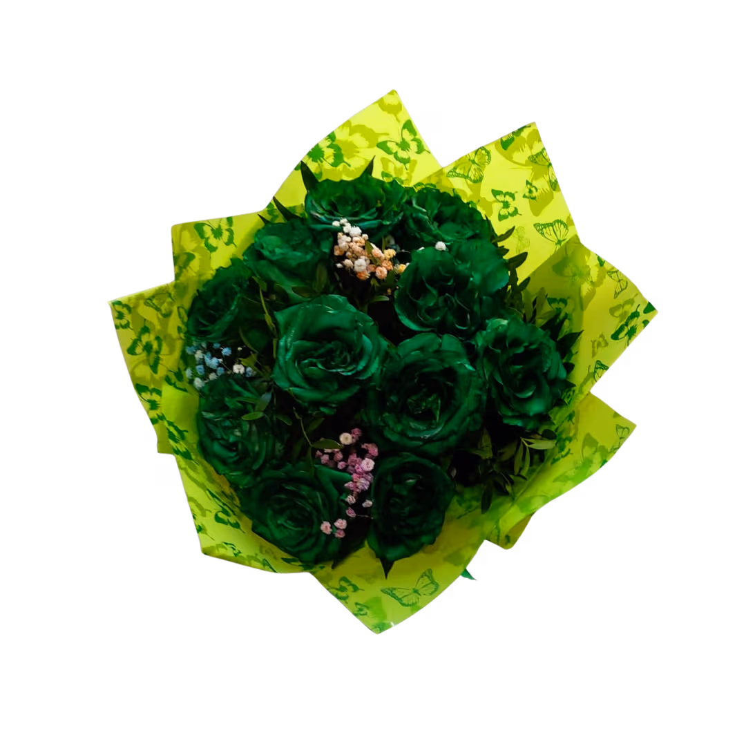 Buchet 11 trandafiri verzi cu ambalaj verde – Floraria Mariei - imagine 2