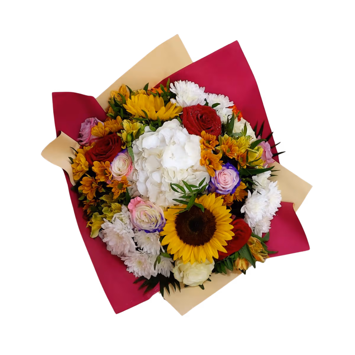 Buchet de toamnă Florăria Mariei cu floarea-soarelui, hortensie și crizanteme