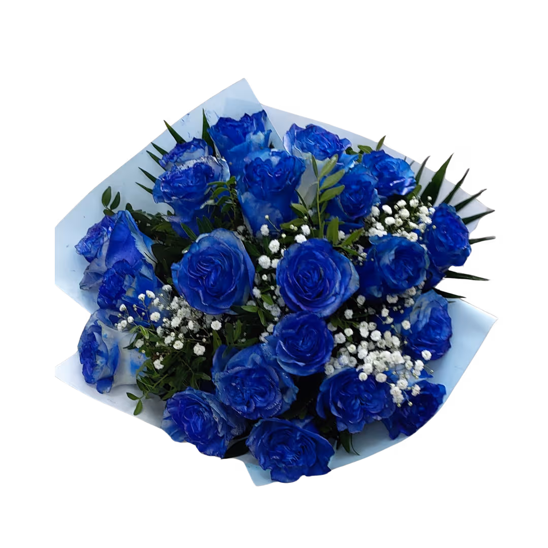 Buchet cu 21 trandafiri albaștri și verdeață – Floraria Mariei - imagine 2
