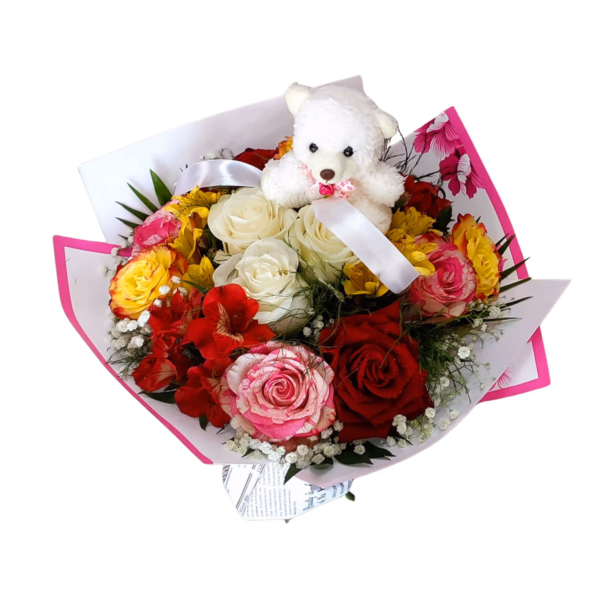 Buchet colorat cu ursuleț, trandafiri și alstroemeria – Floraria Mariei - imagine 2