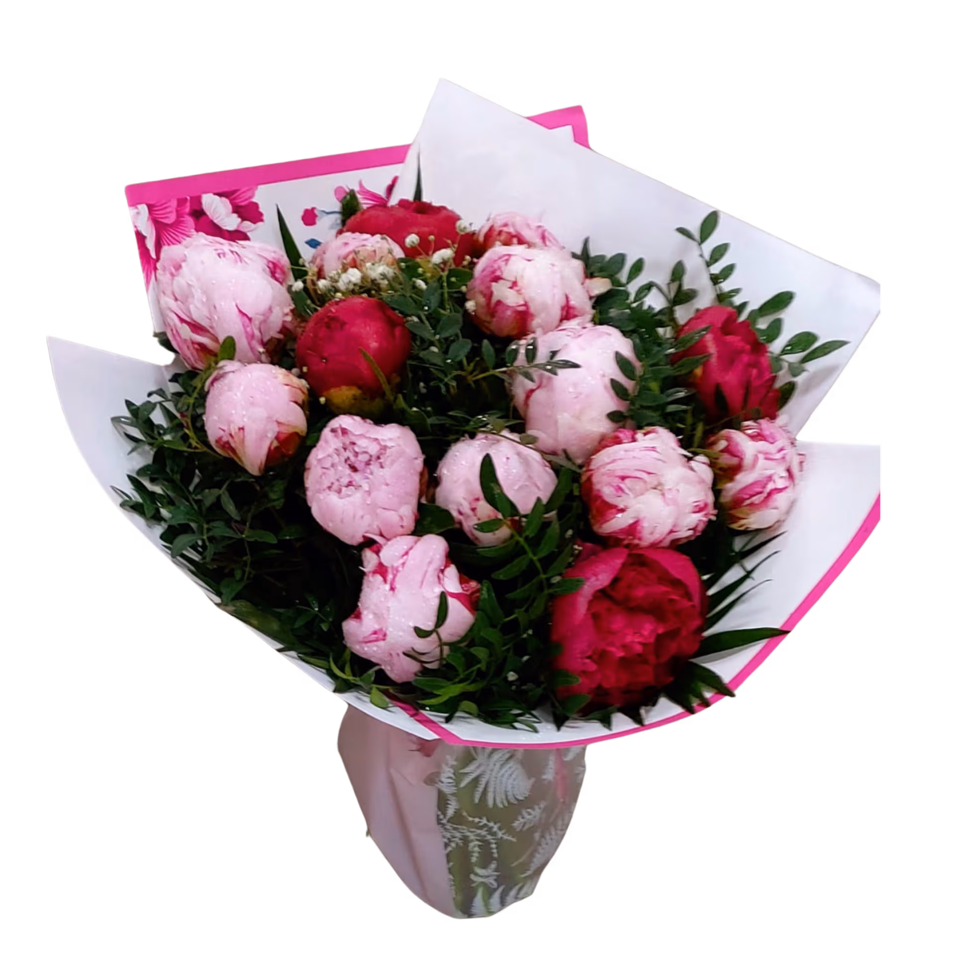 Buchet cu 15 bujori și verdeață – Floraria Mariei