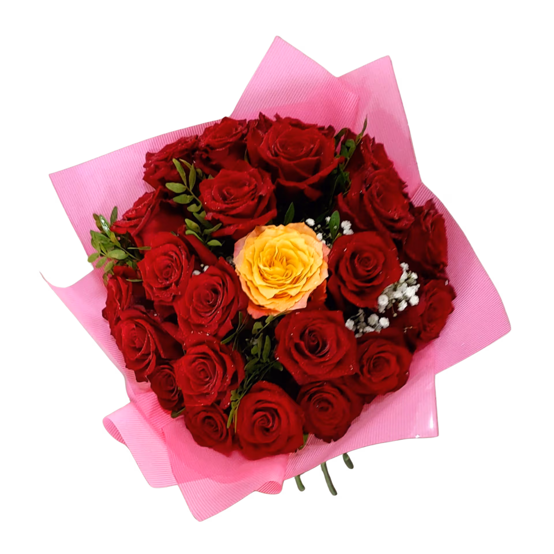 Buchet 25 trandafiri roșii cu 1 trandafir colorat – Floraria Mariei