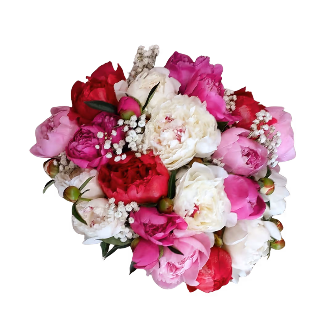 Buchet 21 de bujori colorați, legați cu panglică – Floraria Mariei - imagine 2
