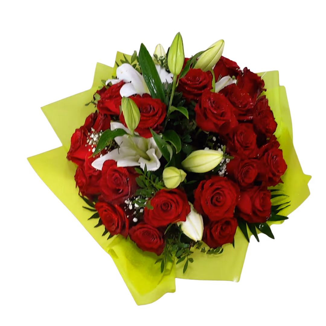 Buchet cu 3 crini imperiali și 32 trandafiri roșii – Floraria Mariei