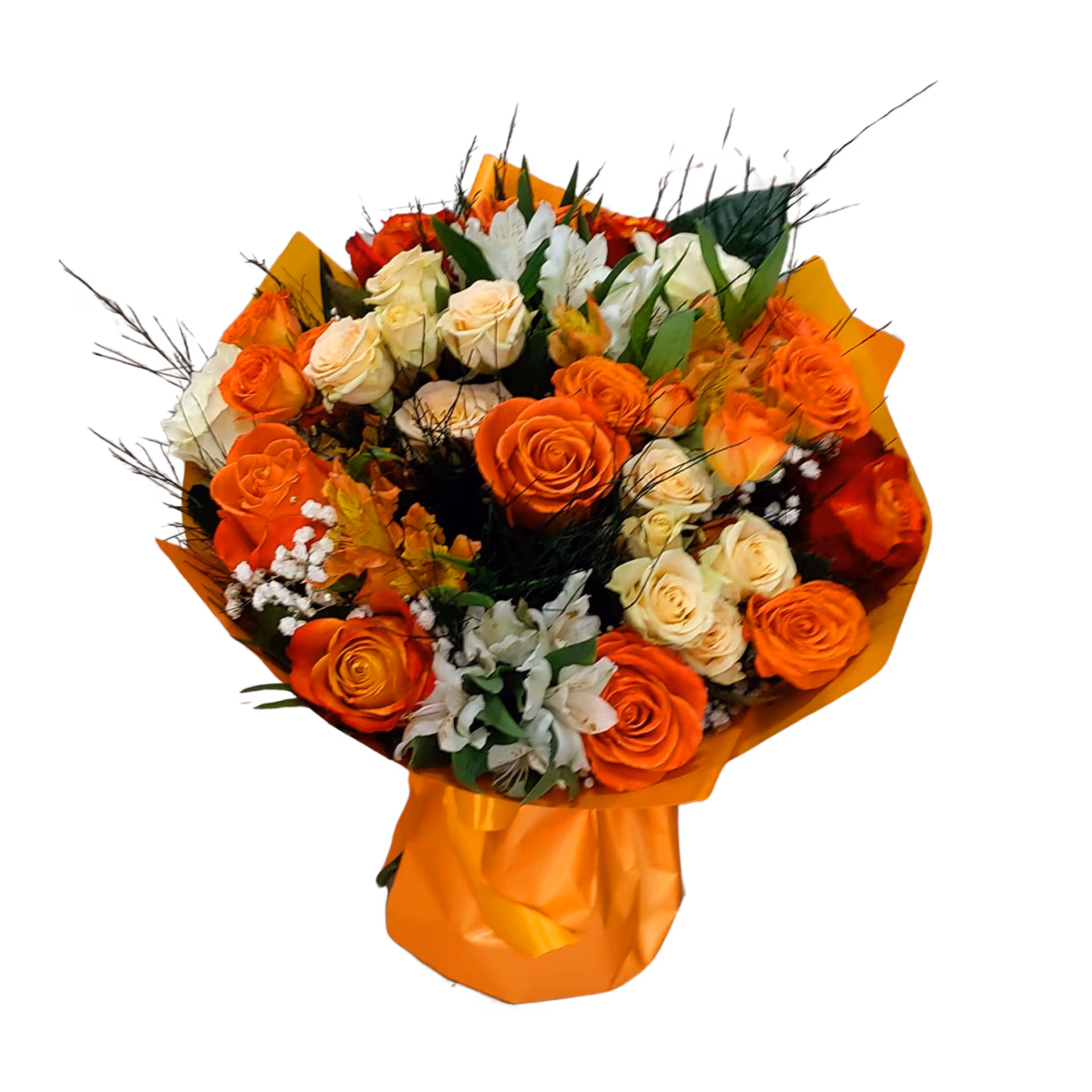 Buchet în tonuri de portocaliu cu trandafiri, minirose și alstroemeria