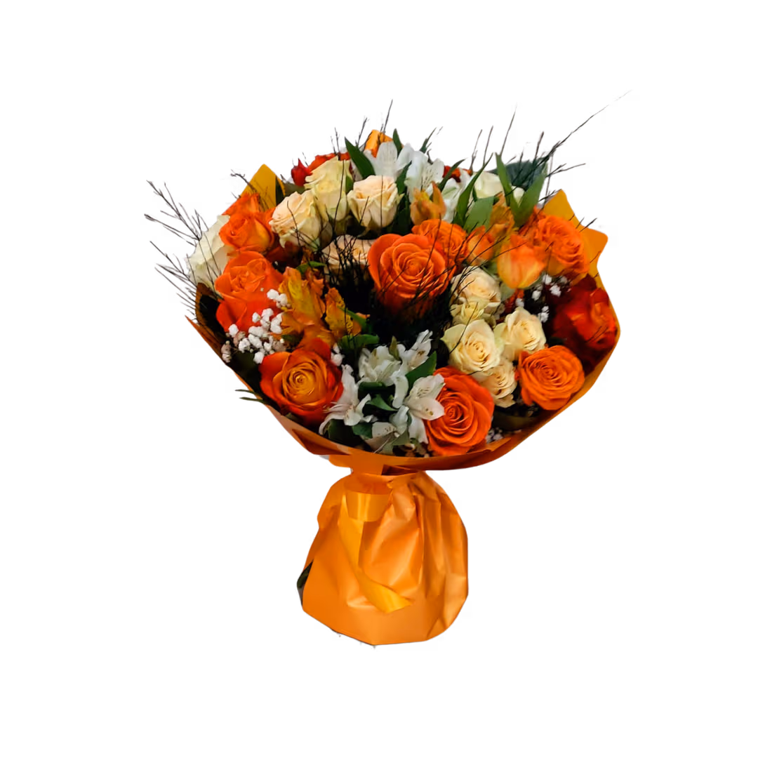 Buchet în tonuri de portocaliu cu trandafiri, minirose și alstroemeria - imagine 2
