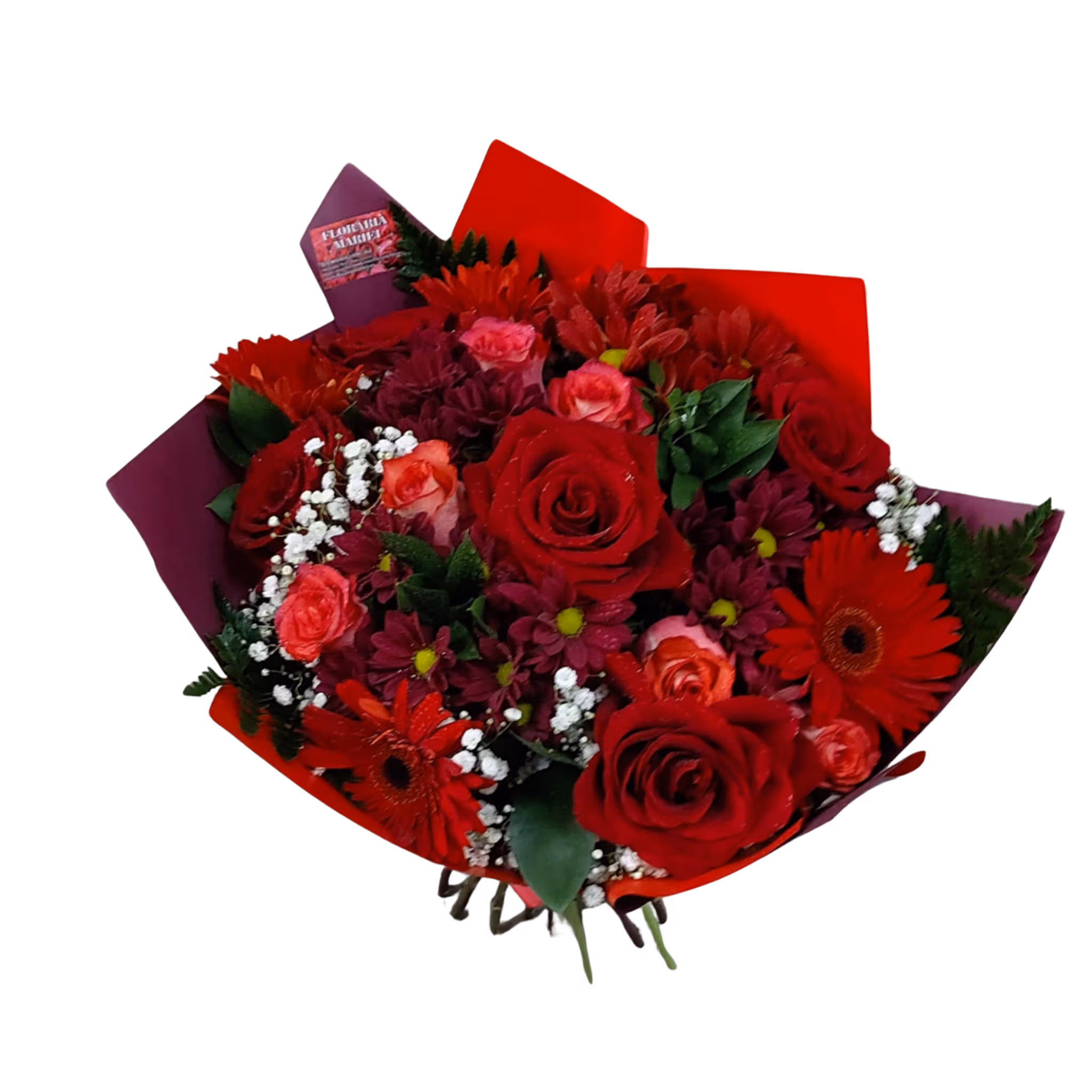 Buchet în tonuri de vișiniu cu trandafiri, crizanteme și gerbera – Floraria Mariei