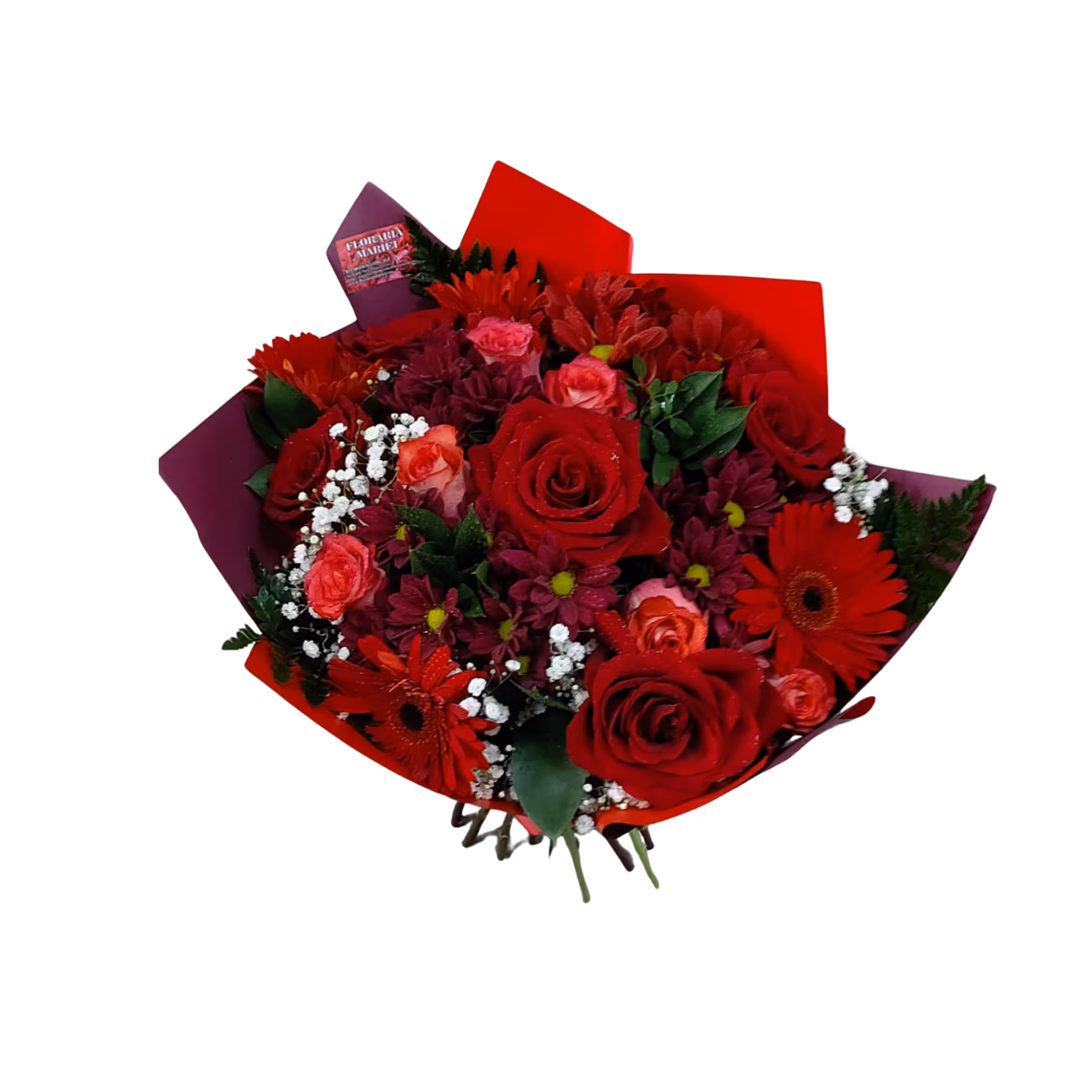 Buchet în tonuri de vișiniu cu trandafiri, crizanteme și gerbera – Floraria Mariei - imagine 2