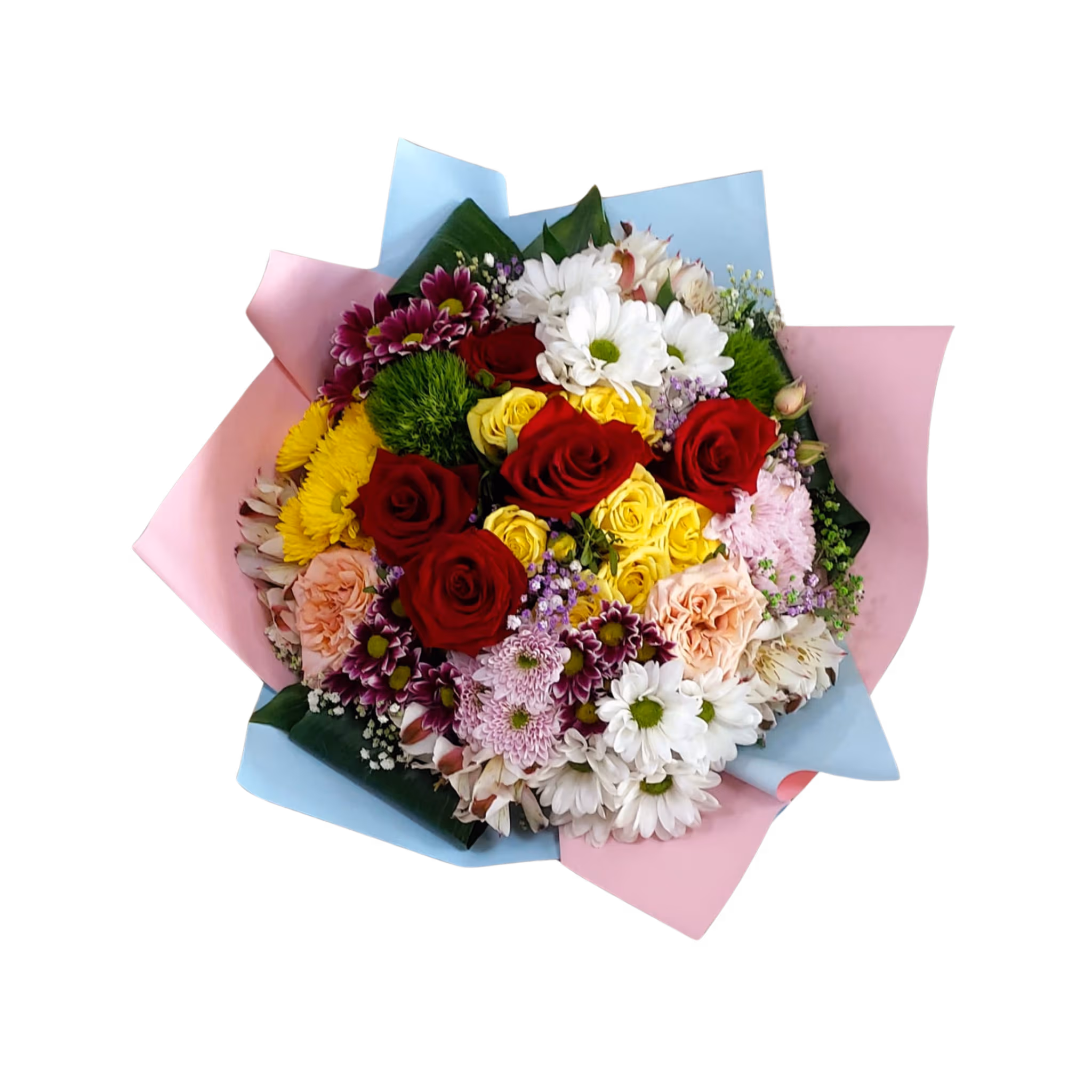 Buchet cu mix de flori colorate cu trandafiri și alstroemeria – Floraria Mariei