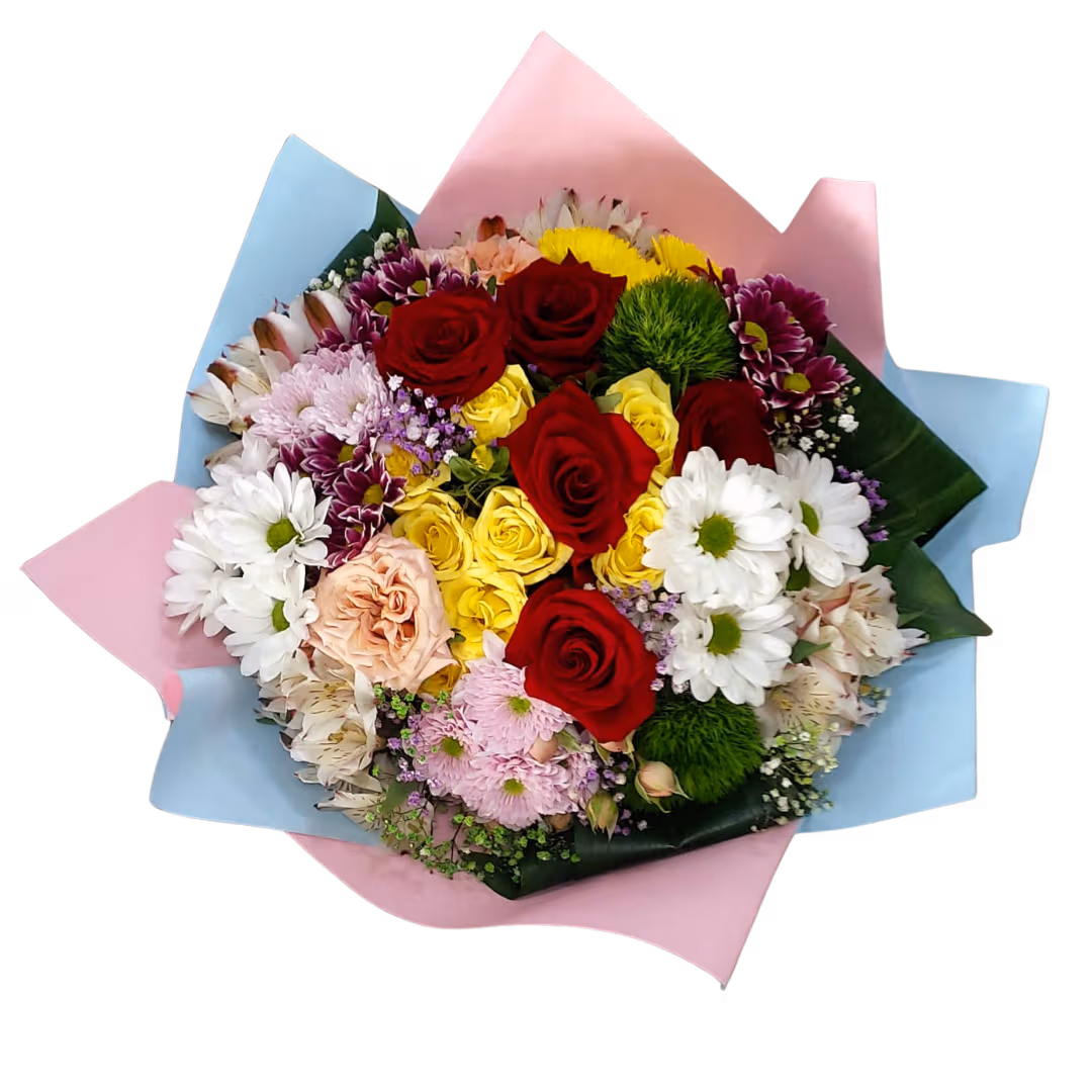 Buchet cu mix de flori colorate cu trandafiri și alstroemeria – Floraria Mariei - imagine 2