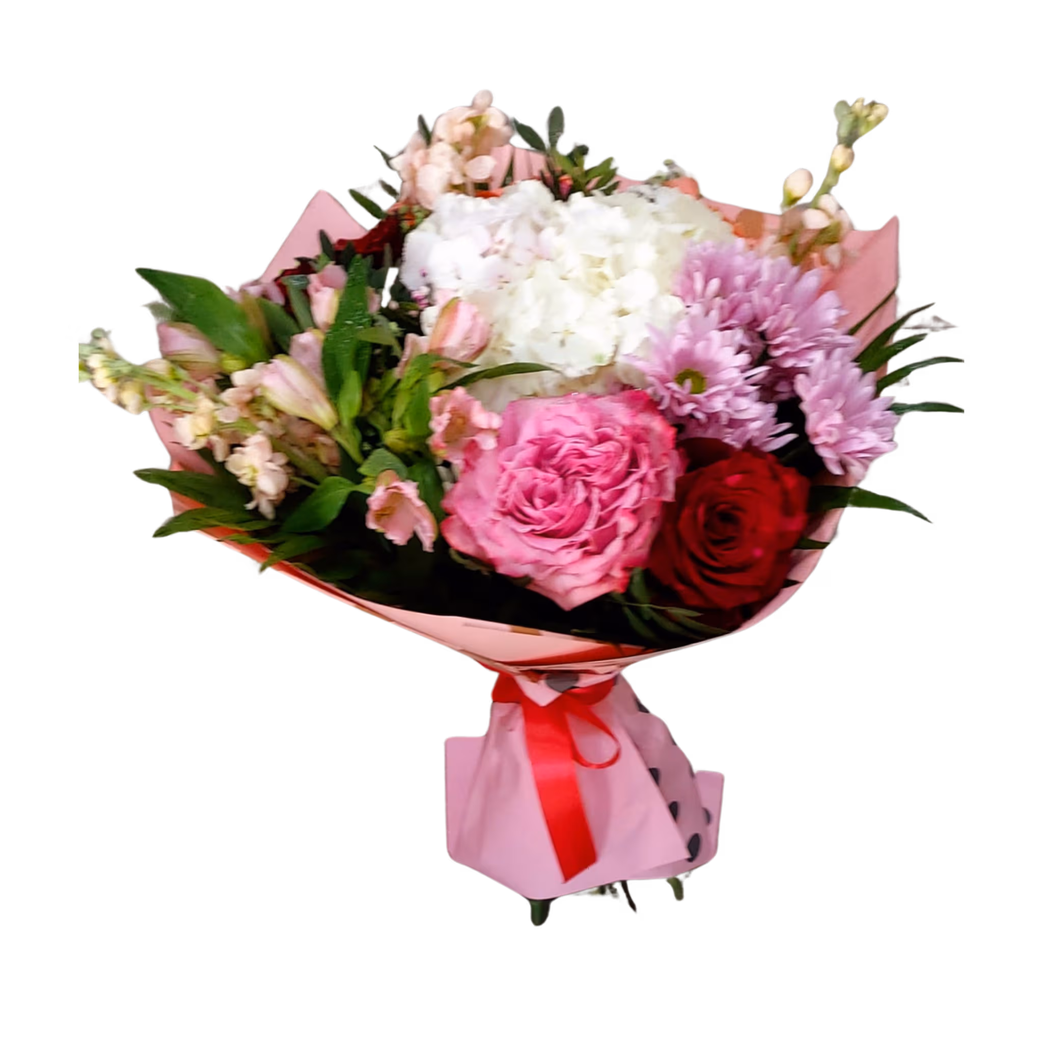 Buchet în tonuri de roz cu hortensie, trandafiri și gerbera – Floraria Mariei