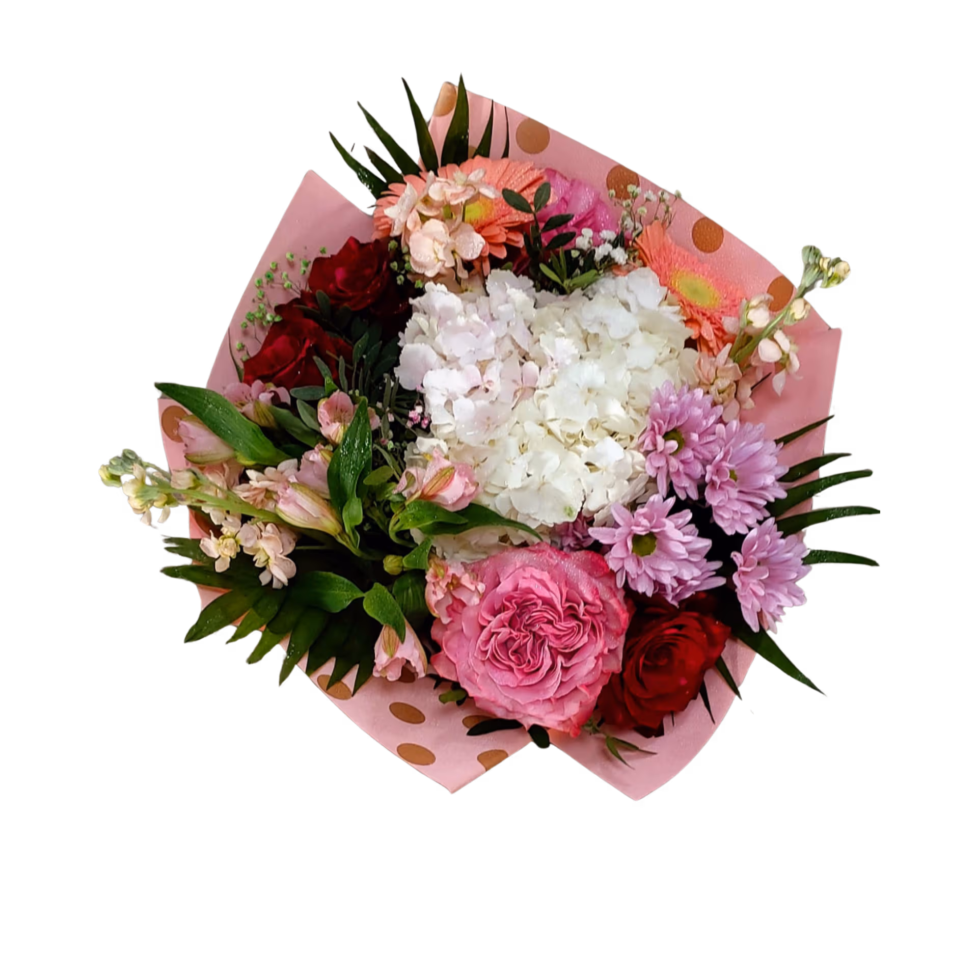 Buchet în tonuri de roz cu hortensie, trandafiri și gerbera – Floraria Mariei - imagine 2