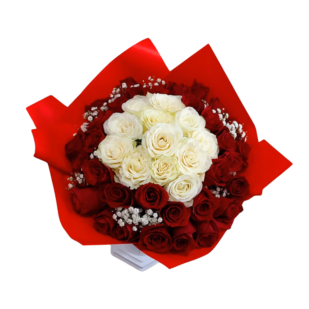 Buchet cu 47 trandafiri roșii și albi (35 roșii + 12 albi) – Floraria Mariei