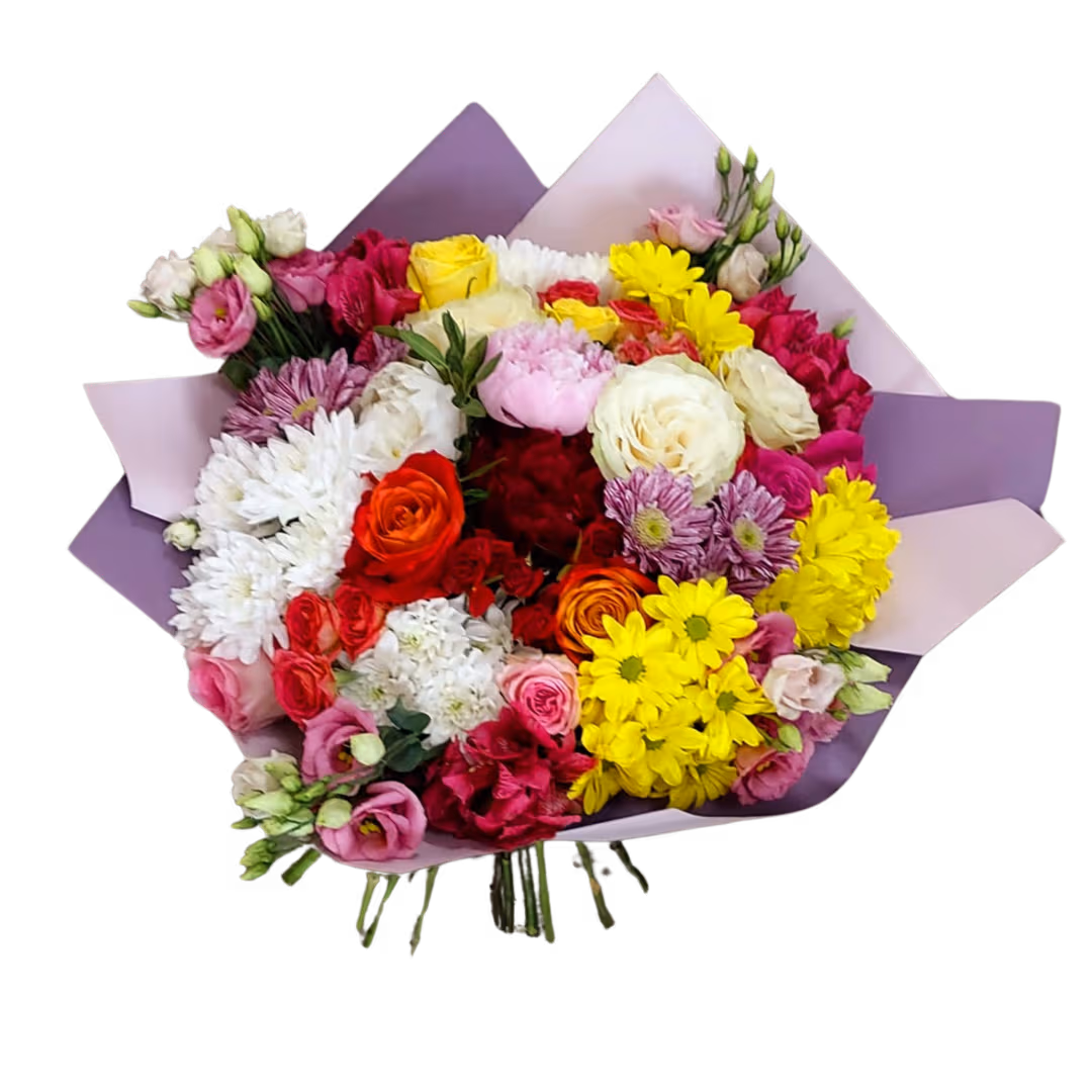 Buchet colorat și parfumat cu bujori, trandafiri și minirose – Floraria Mariei