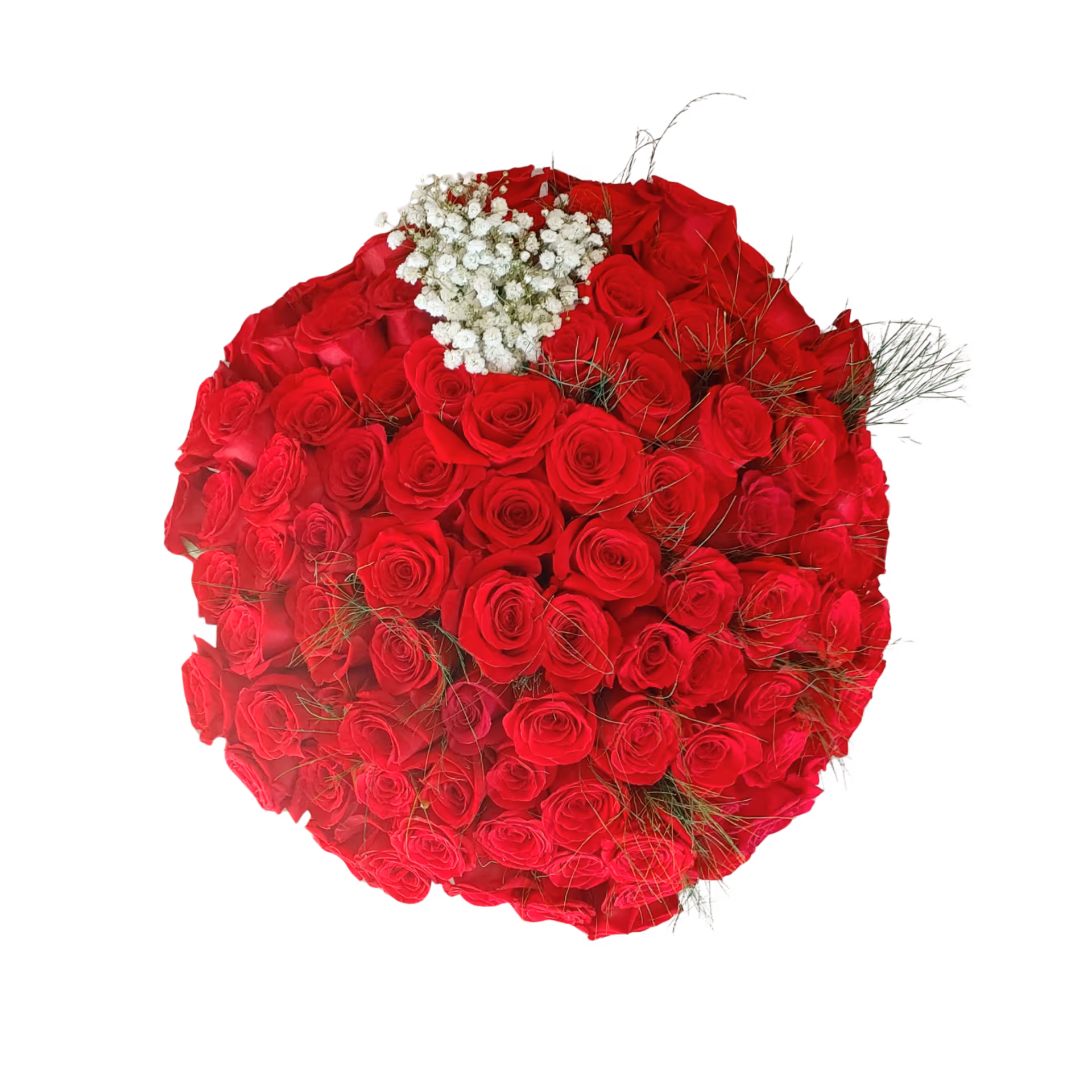 Buchet 101 trandafiri roșii cu inimă din gipsophila – Floraria Mariei