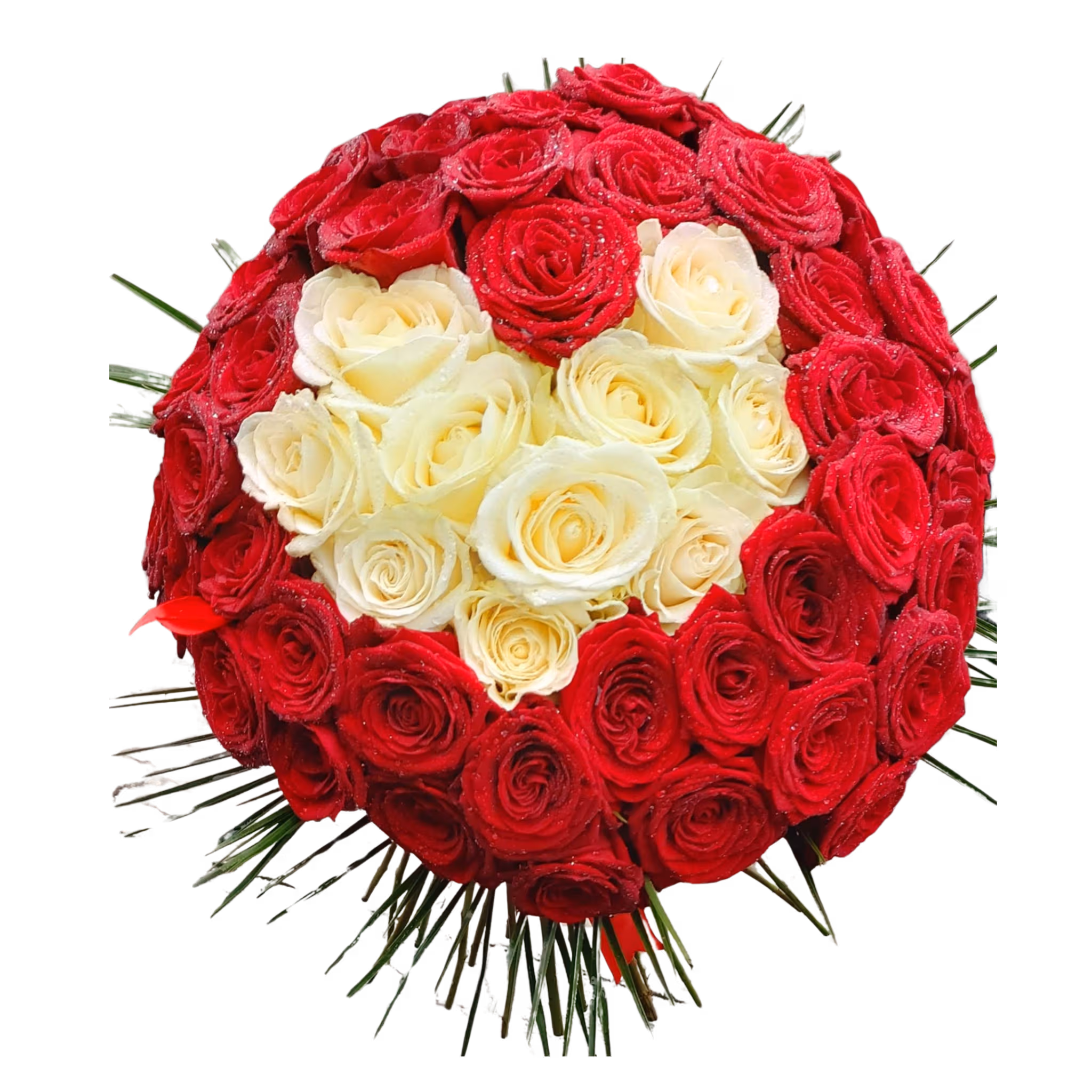 Buchet cu trandafiri roșii și inimioară din trandafiri albi – Floraria Mariei