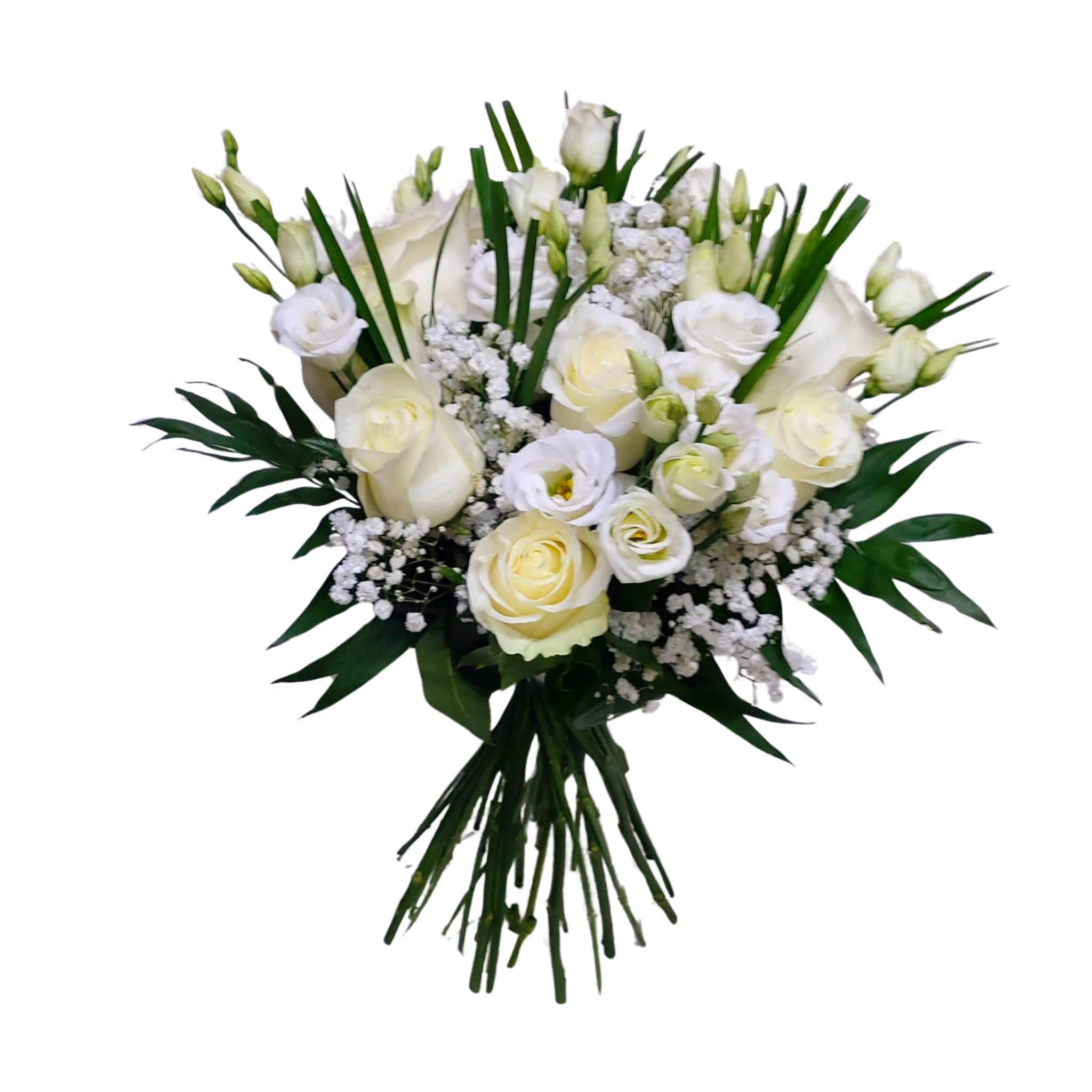 Buchet cu flori albe cu trandafiri și lisianthus, fără ambalaj – Floraria Mariei