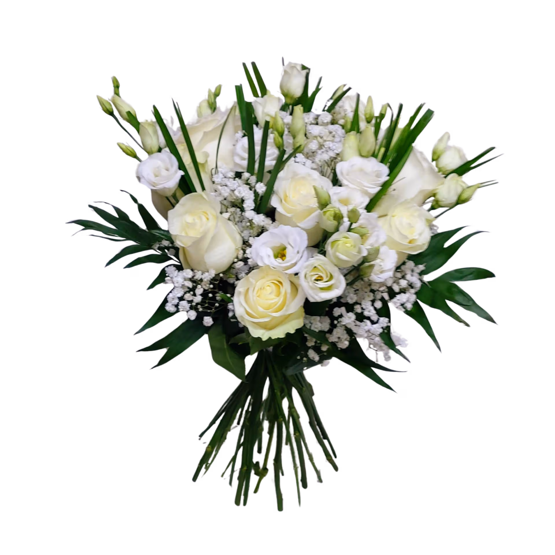 Buchet cu flori albe cu trandafiri și lisianthus, fără ambalaj – Floraria Mariei - imagine 2