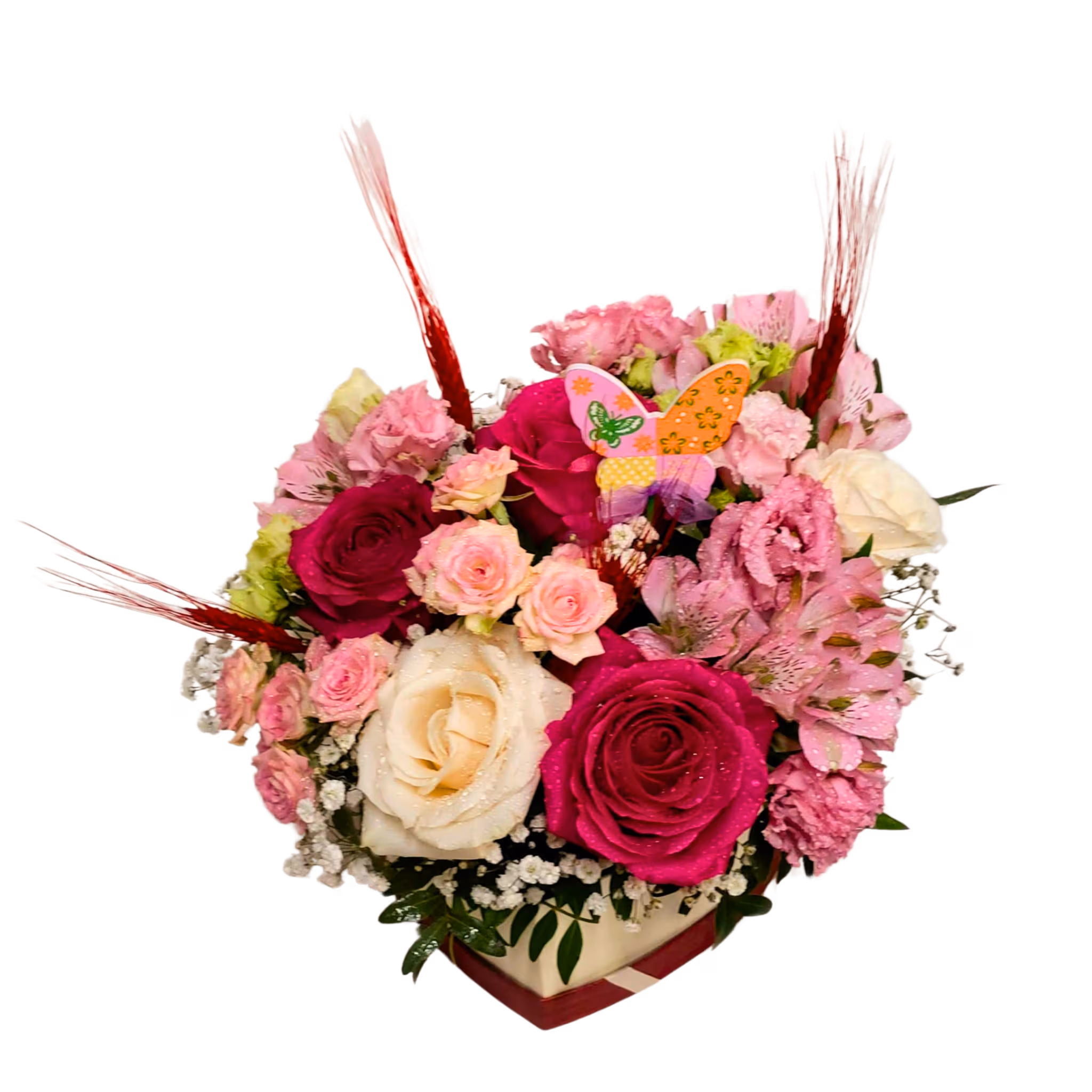 Aranjament în cutie inimă roz cu trandafiri, minirose și alstroemeria – Floraria Mariei