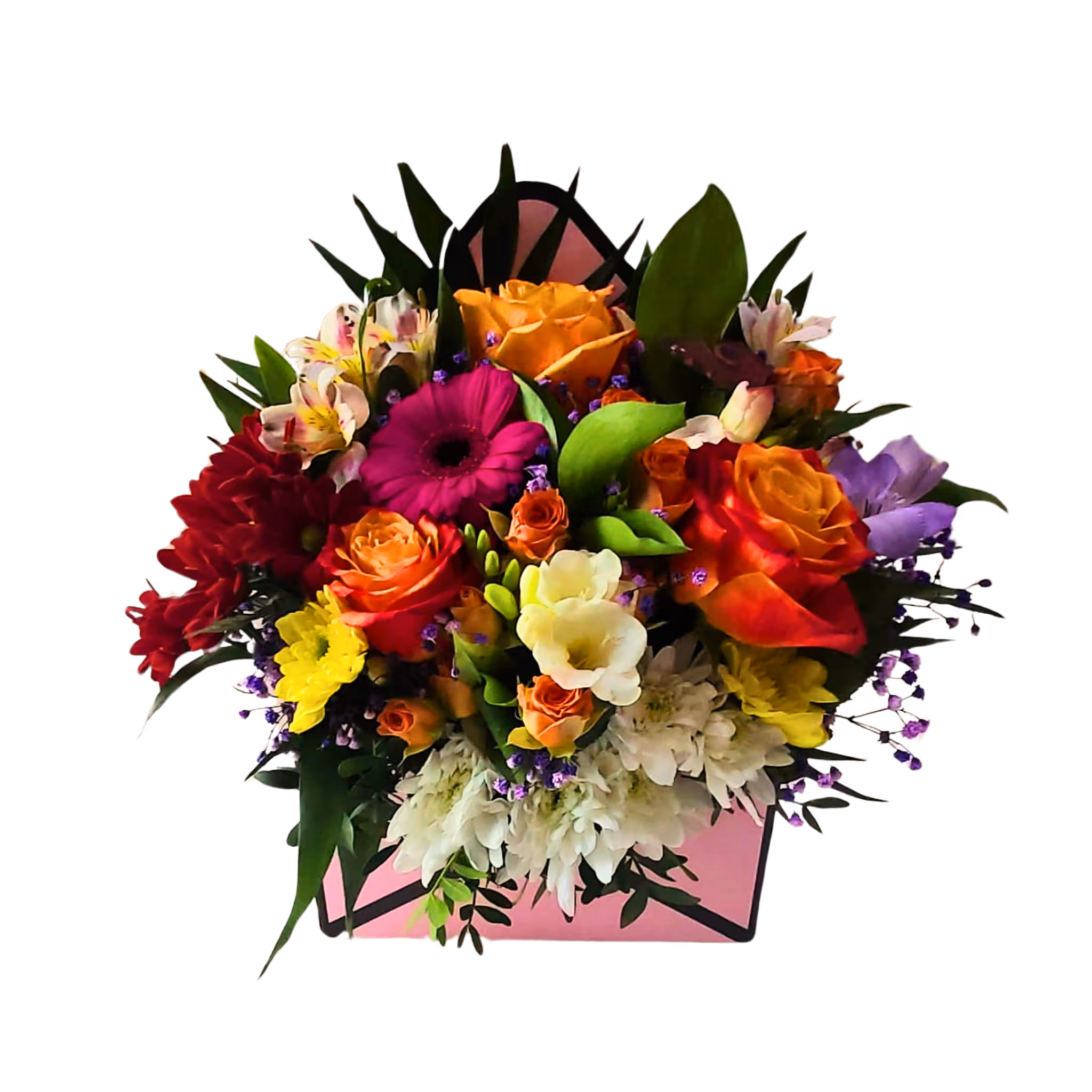 Aranjament plic cu mix de flori naturale în cutie tip plic – Floraria Mariei
