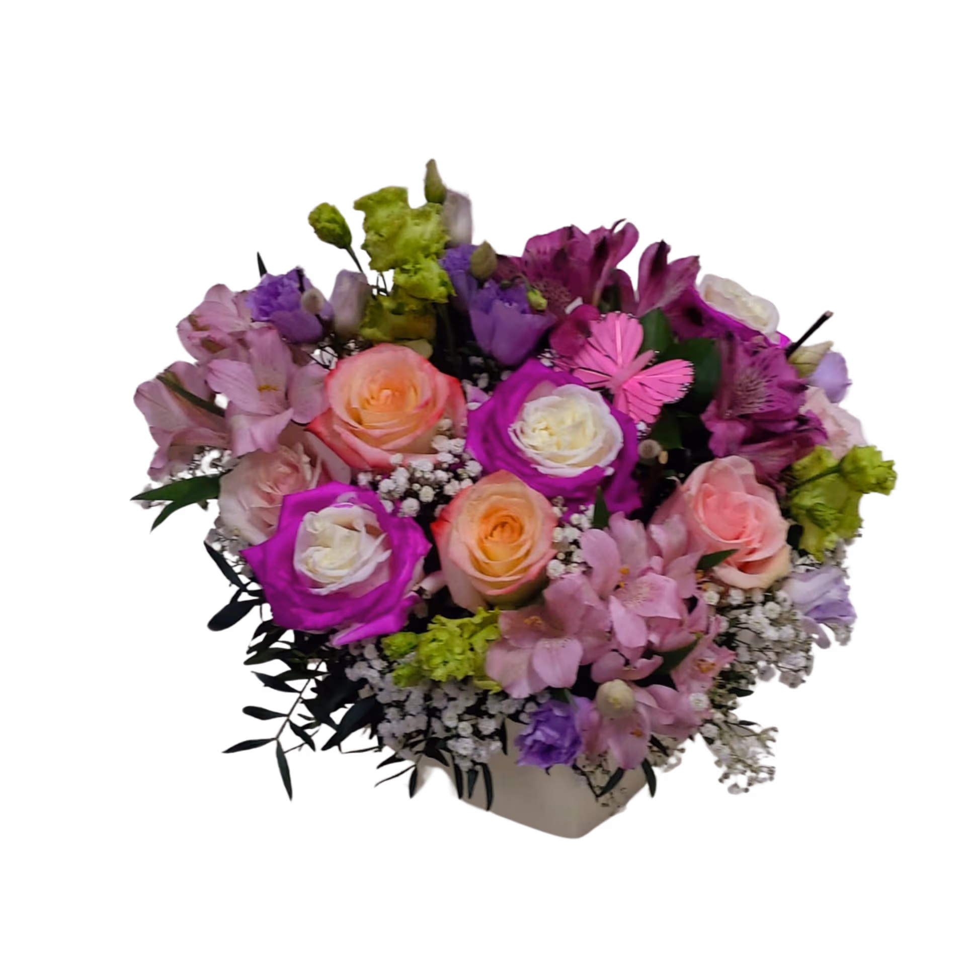 Aranjament în cutie inimă mov cu trandafiri, alstroemeria și lisianthus