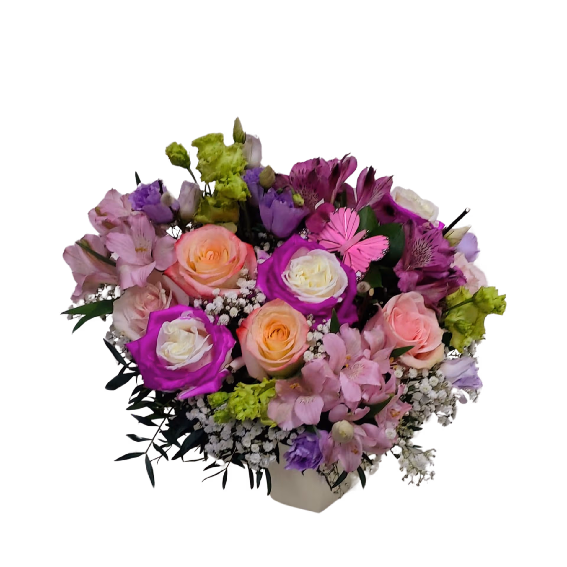 Aranjament în cutie inimă mov cu trandafiri, alstroemeria și lisianthus - imagine 2