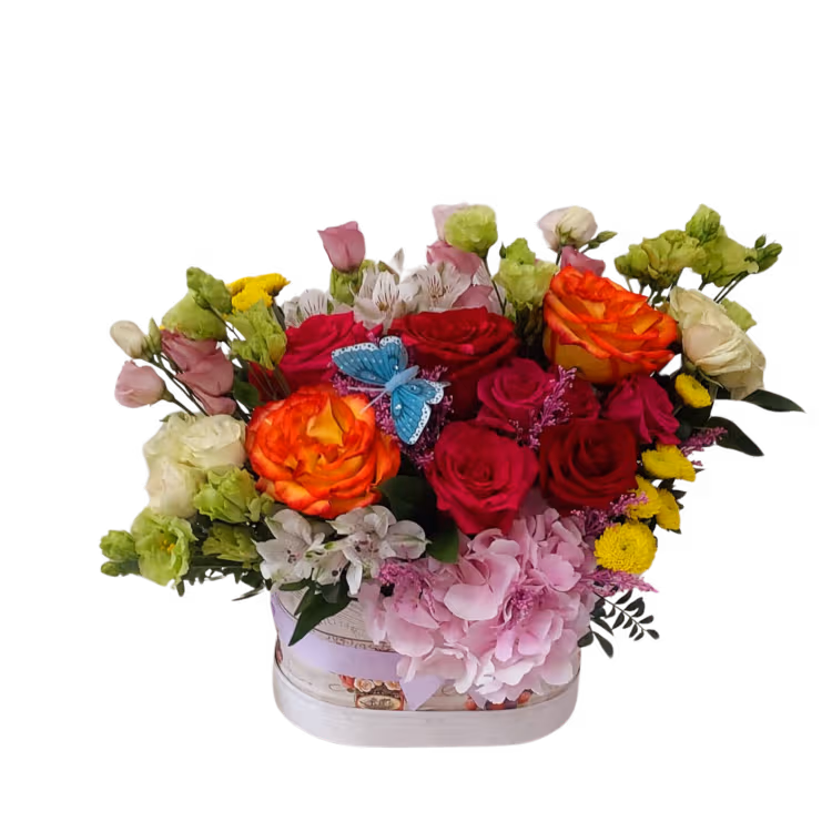 Aranjament în cutie ovală cu trandafiri, lisianthus, alstroemeria și hortensie - imagine 2
