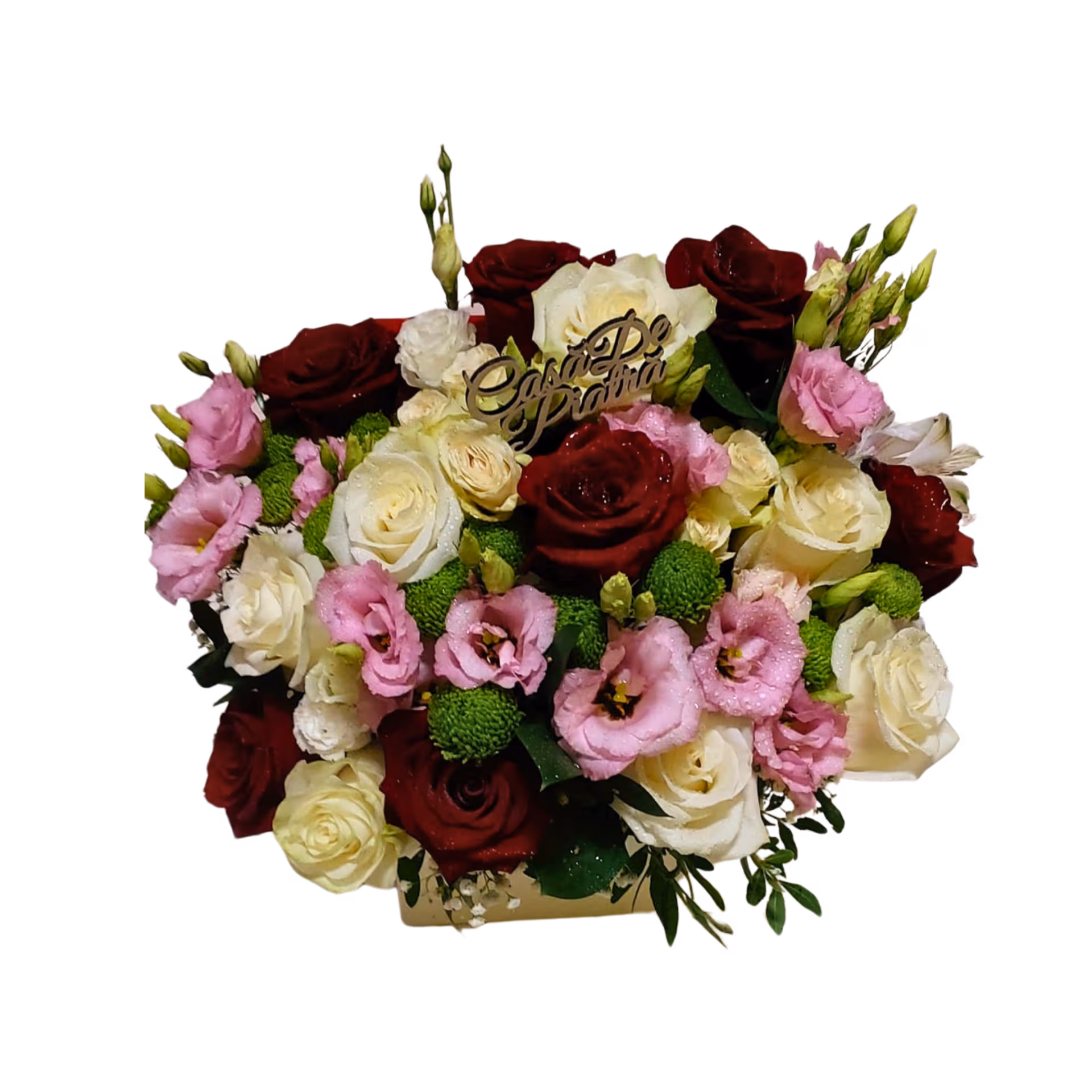 Aranjament în cutie pătrată cu trandafiri, lisianthus și santini – Florăria Mariei - imagine 2