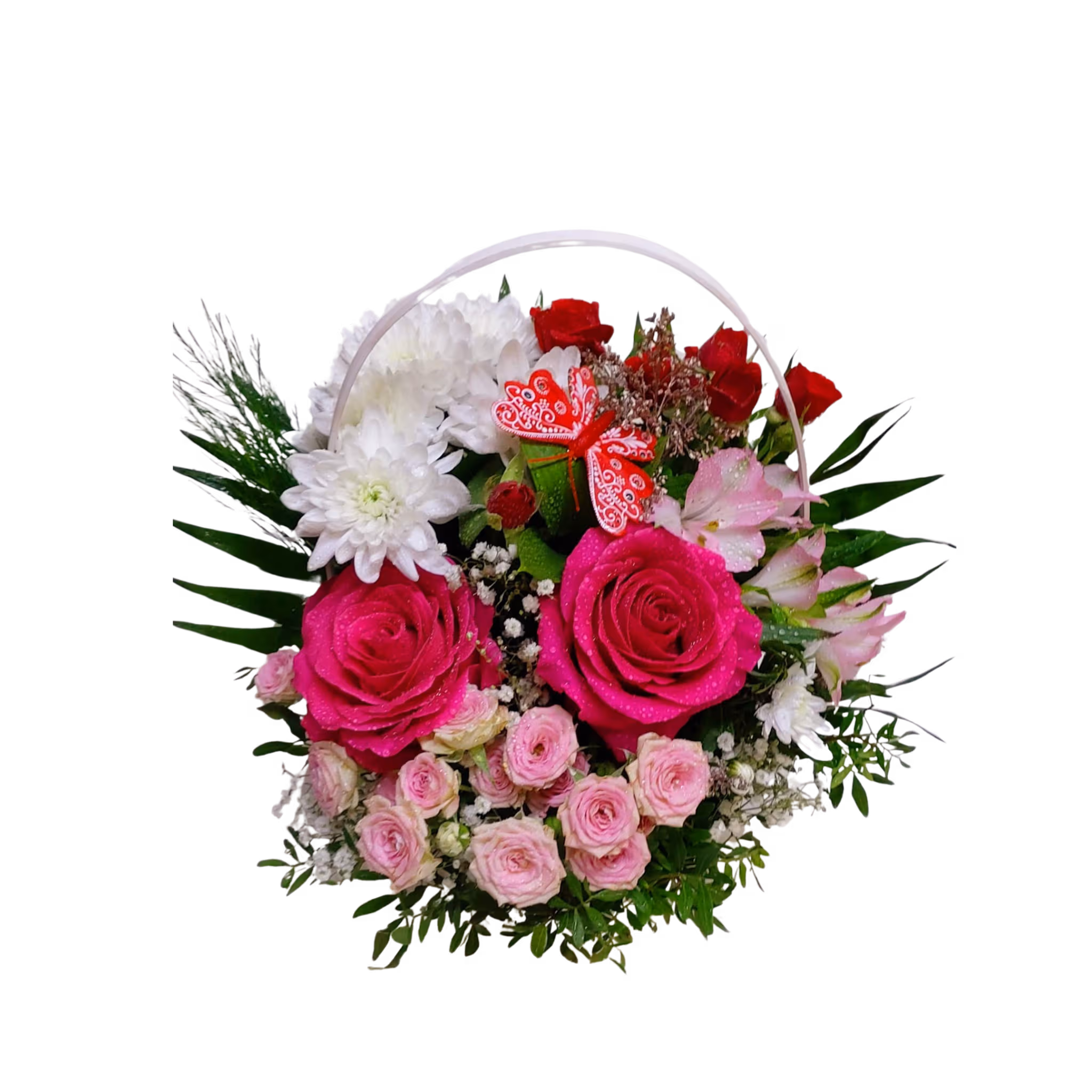 Aranjament în coș cu flori de sezon (trandafiri, crizanteme, minirose, alstroemeria) – Floraria Mariei