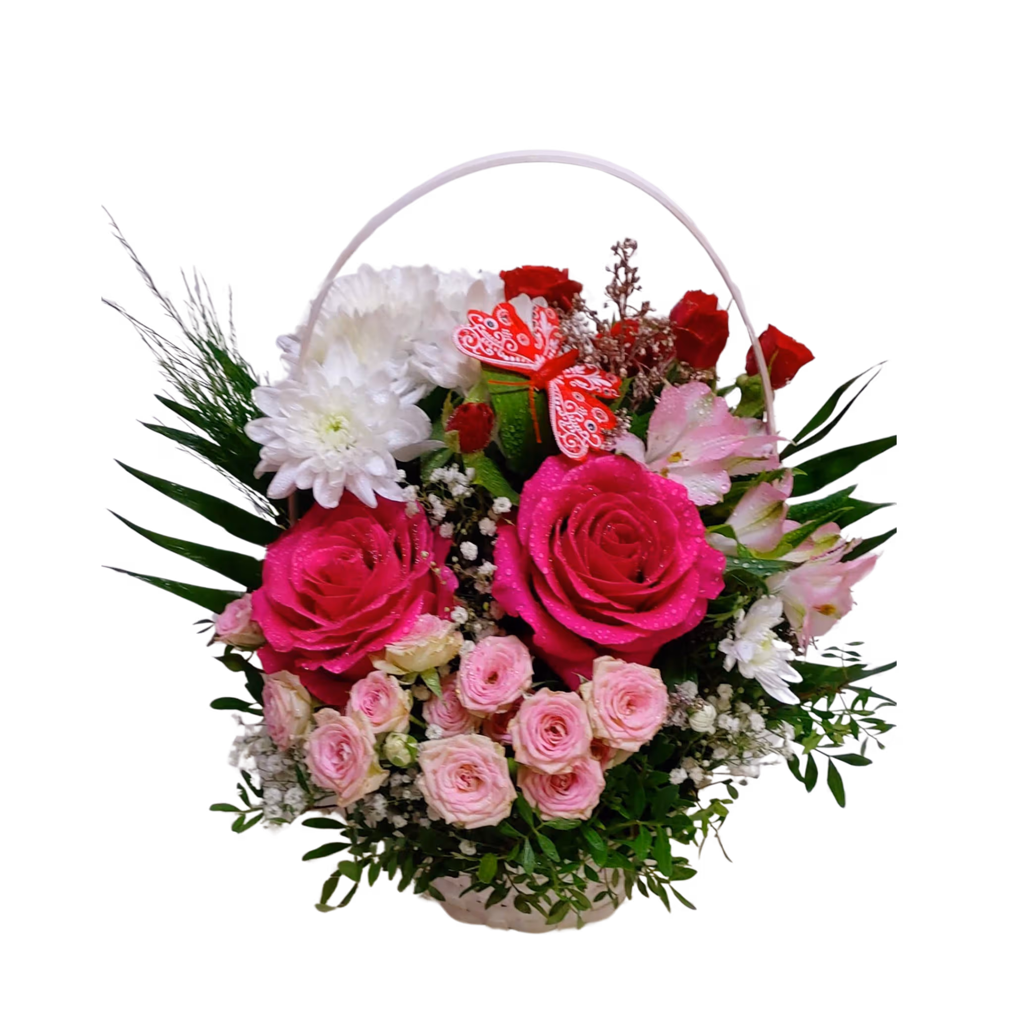 Aranjament în coș cu flori de sezon (trandafiri, crizanteme, minirose, alstroemeria) – Floraria Mariei - imagine 2