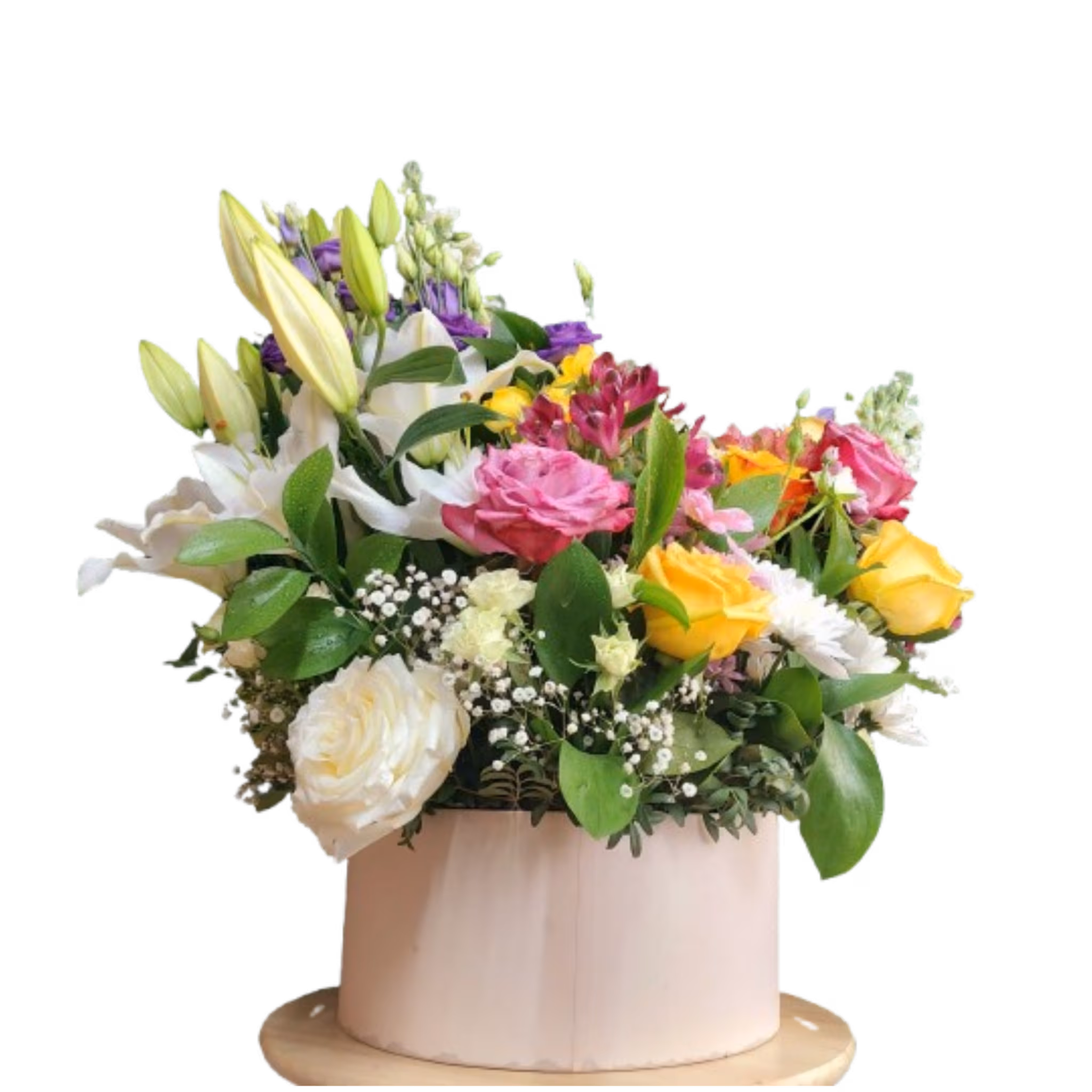 Aranjament extravagant în cutie cu crin imperial, lisianthus și trandafiri – Floraria Mariei