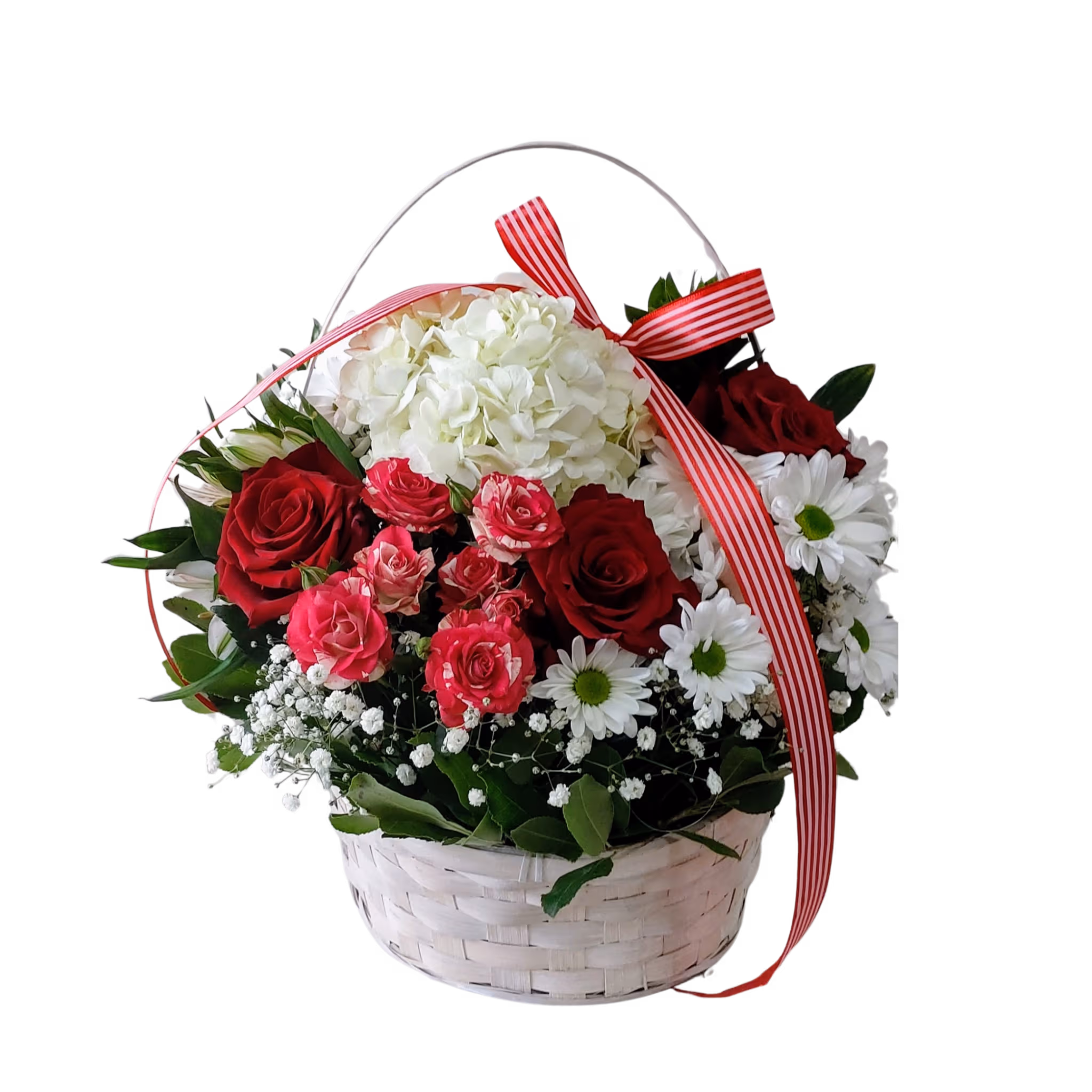 Aranjament cu flori de vară în coș cu hortensie și trandafiri – Floraria Mariei